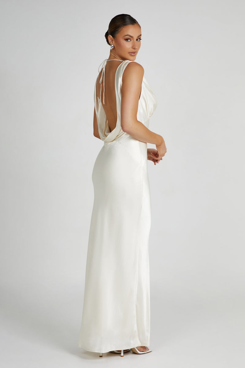 Angelique Satin Cowl Back Maxi Dress - Ivory - MESHKI