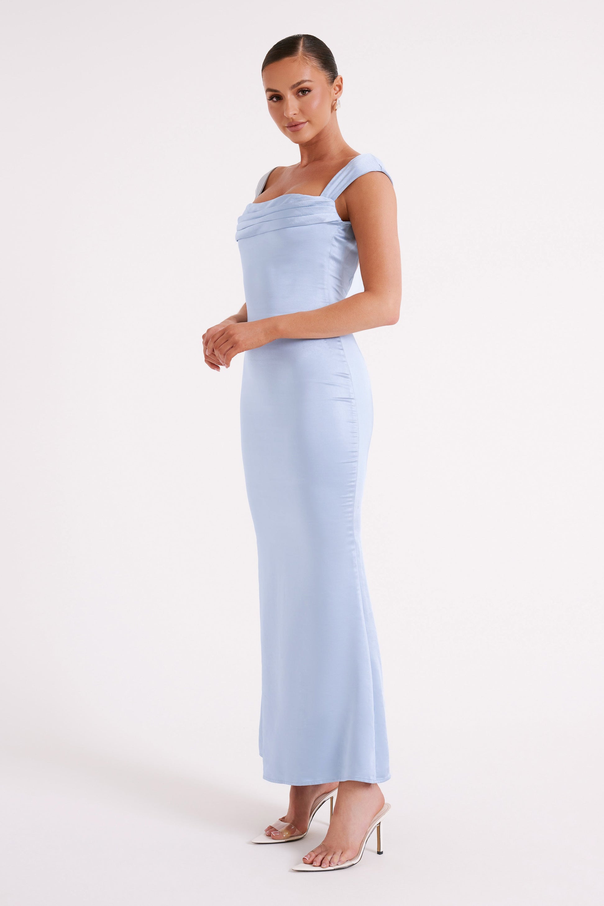 Lacey Backless Satin Maxi Dress - Ice Blue - MESHKI