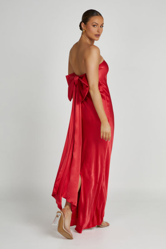 Rochelle Bow Back Satin Maxi Dress - Red - MESHKI