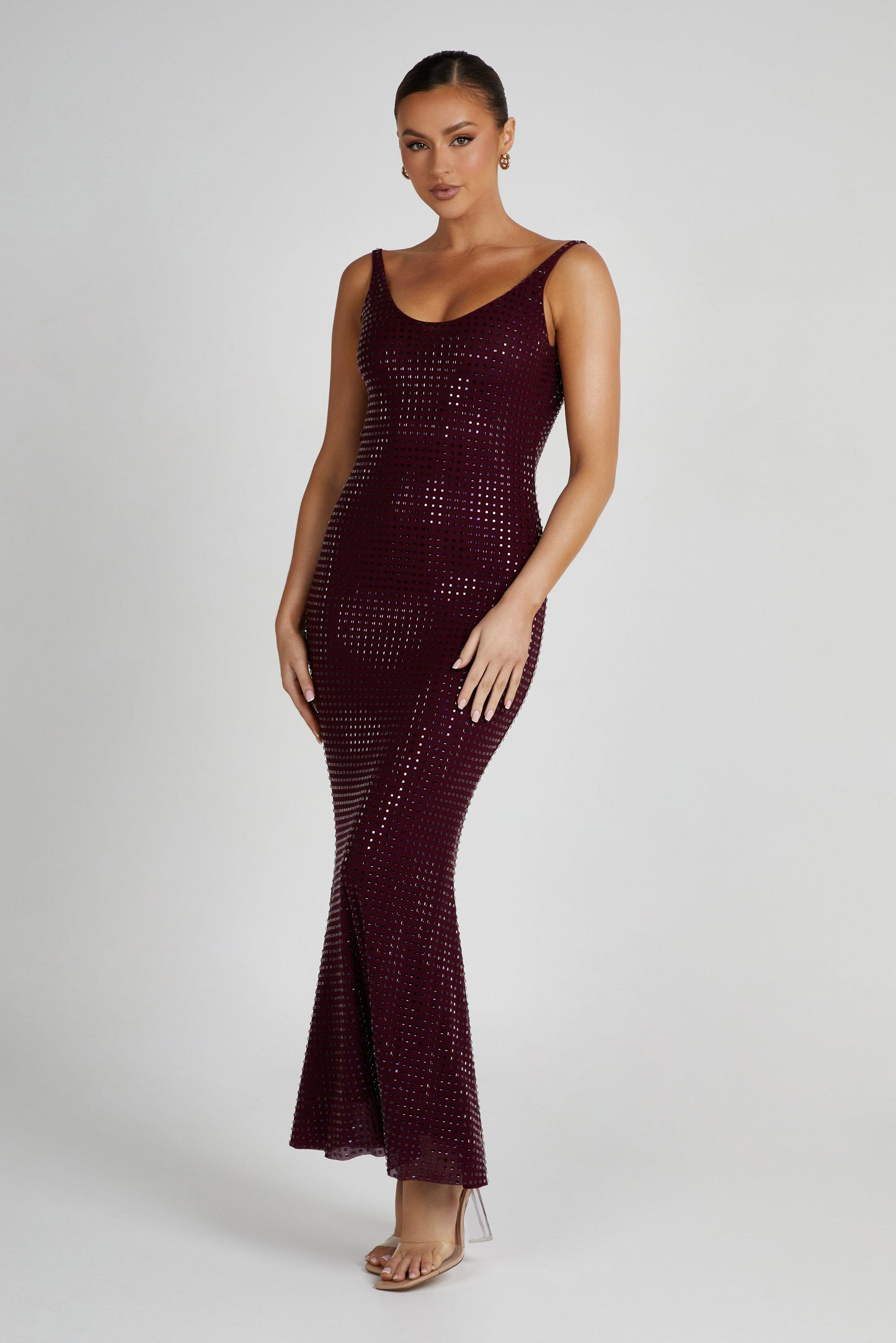 Pam Square Diamante Maxi Dress - Berry