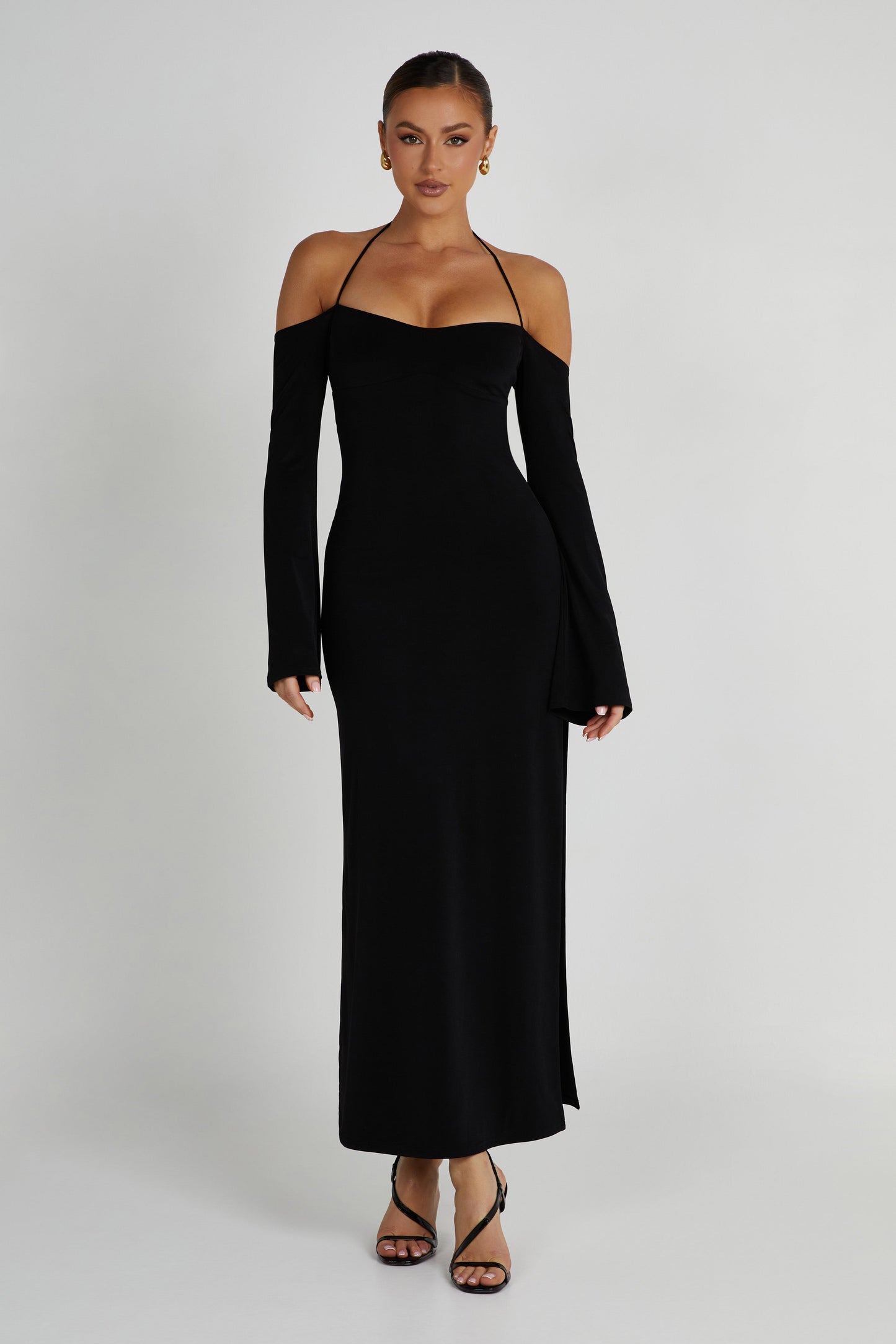 Tia Slinky Off Shoulder Maxi Dress - Black