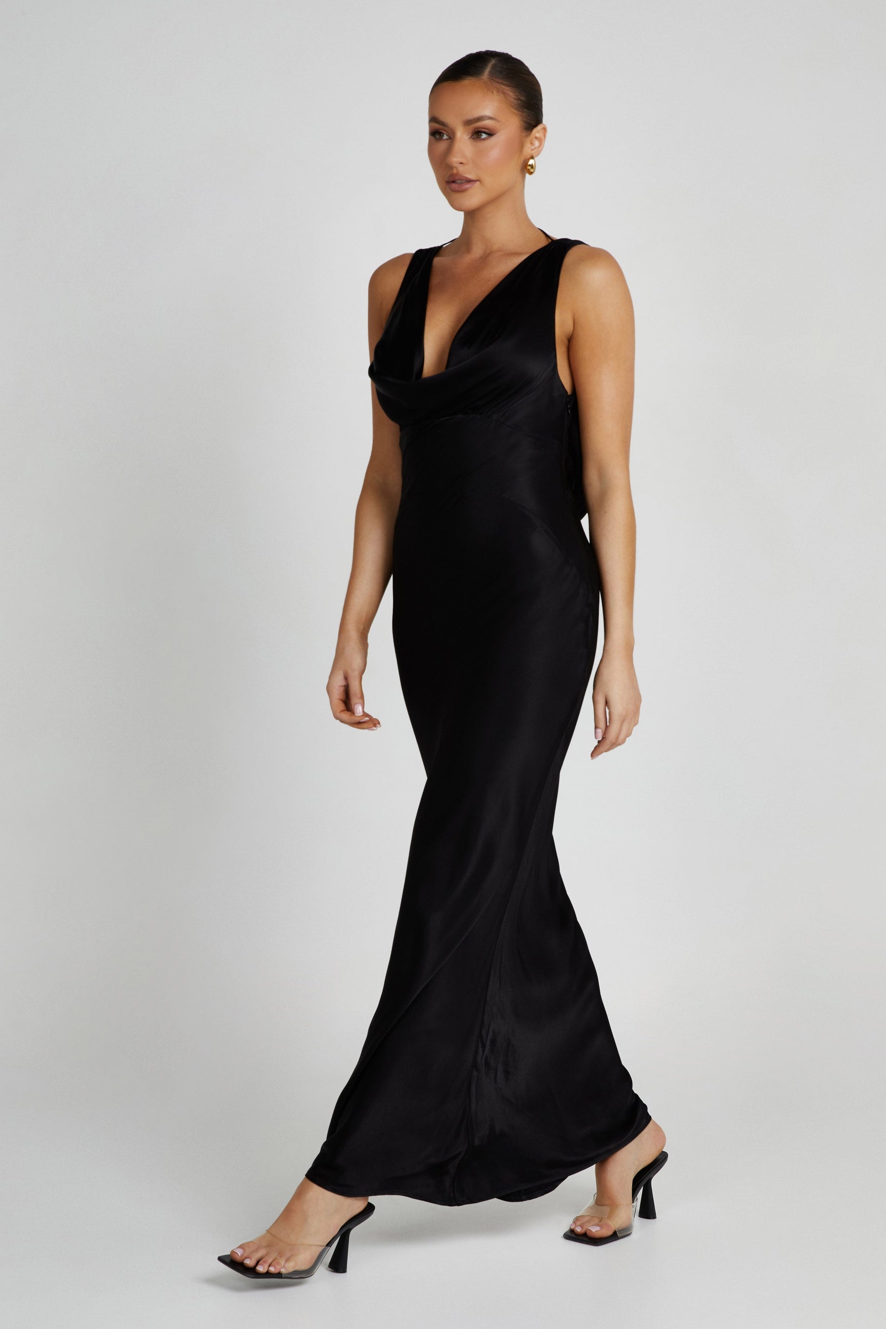 Angelique Satin Cowl Back Maxi Dress - Black - MESHKI