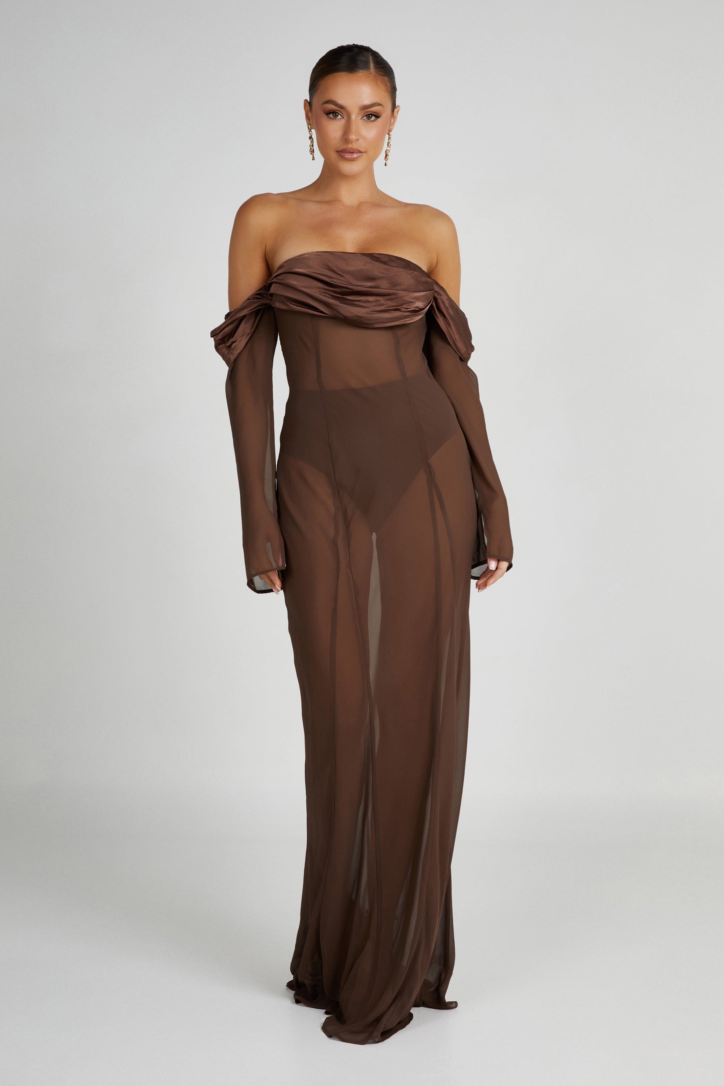 Ivanna Off Shoulder Chiffon Maxi Dress - Mocha