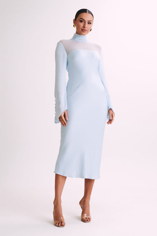 Patricia High Neck Satin Midi Dress - Powder Blue