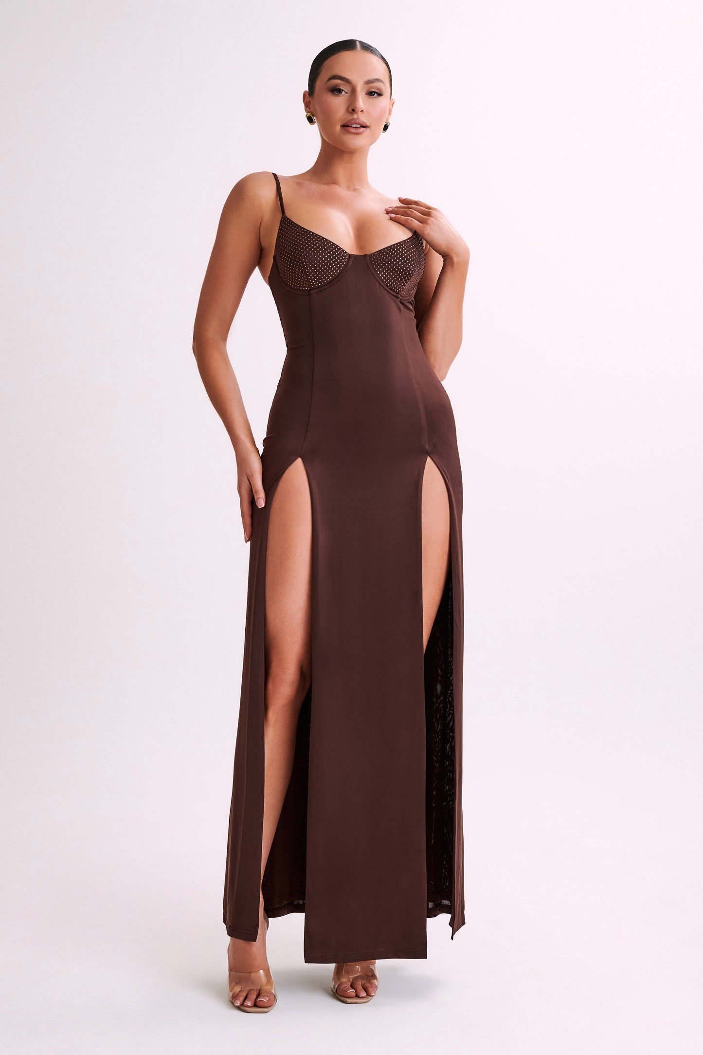 Jojo Jersey Split Maxi Dress With Diamante - Chocolate