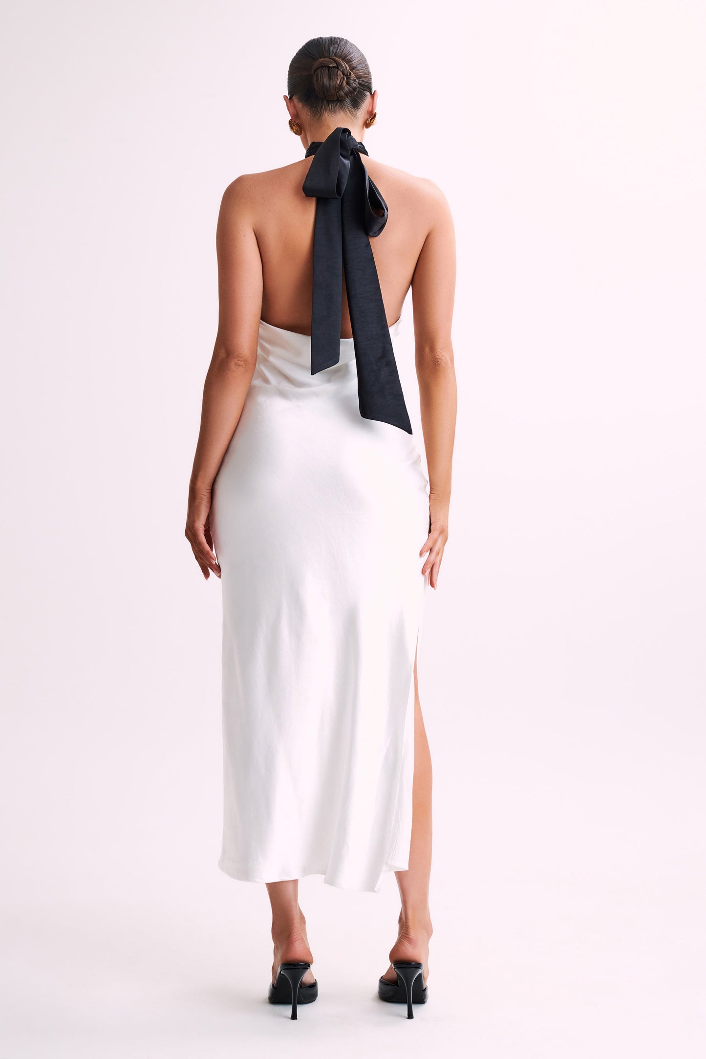 Paulette Satin Midi Dress With Bow - Black & White