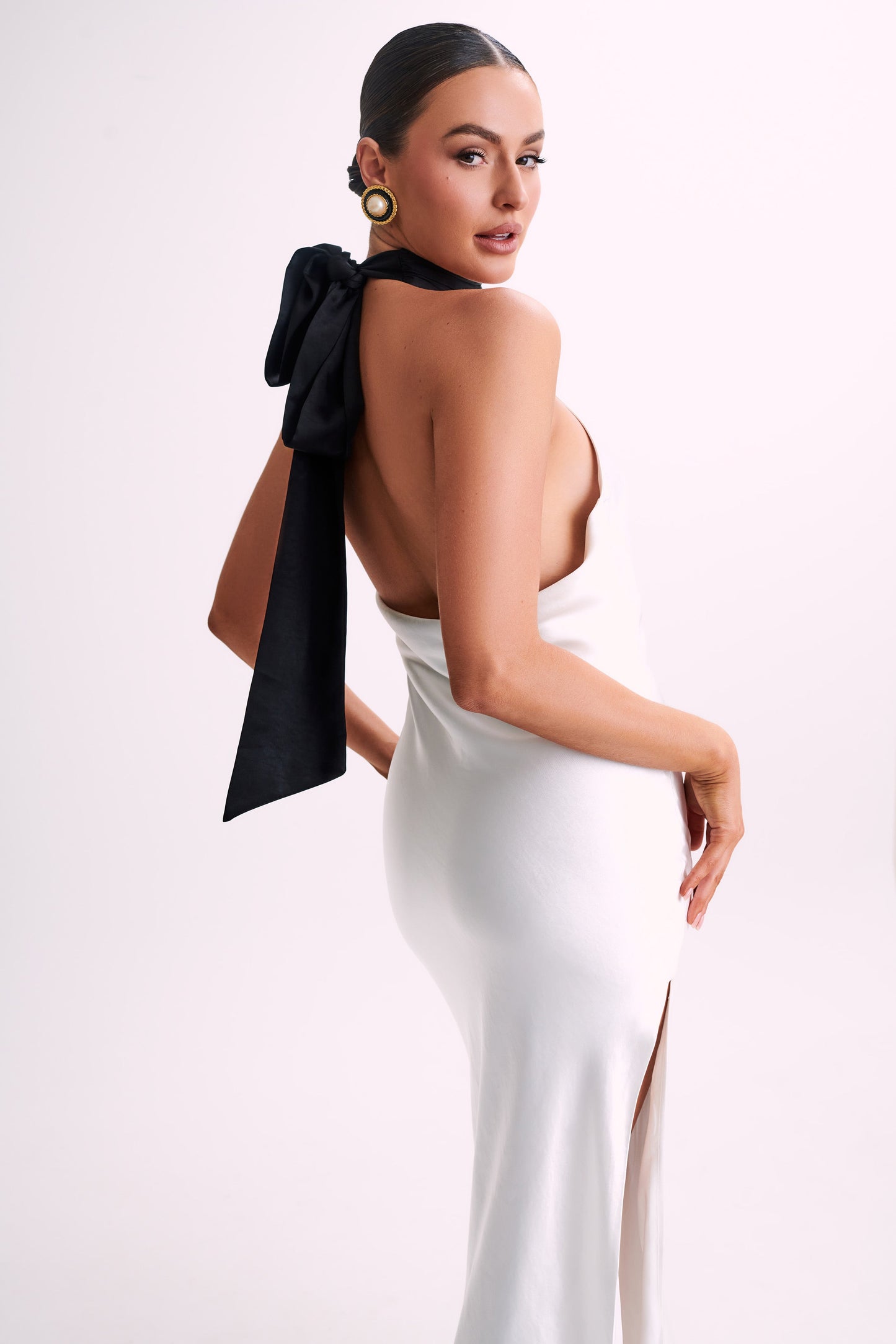 Paulette Satin Midi Dress With Bow - Black & White