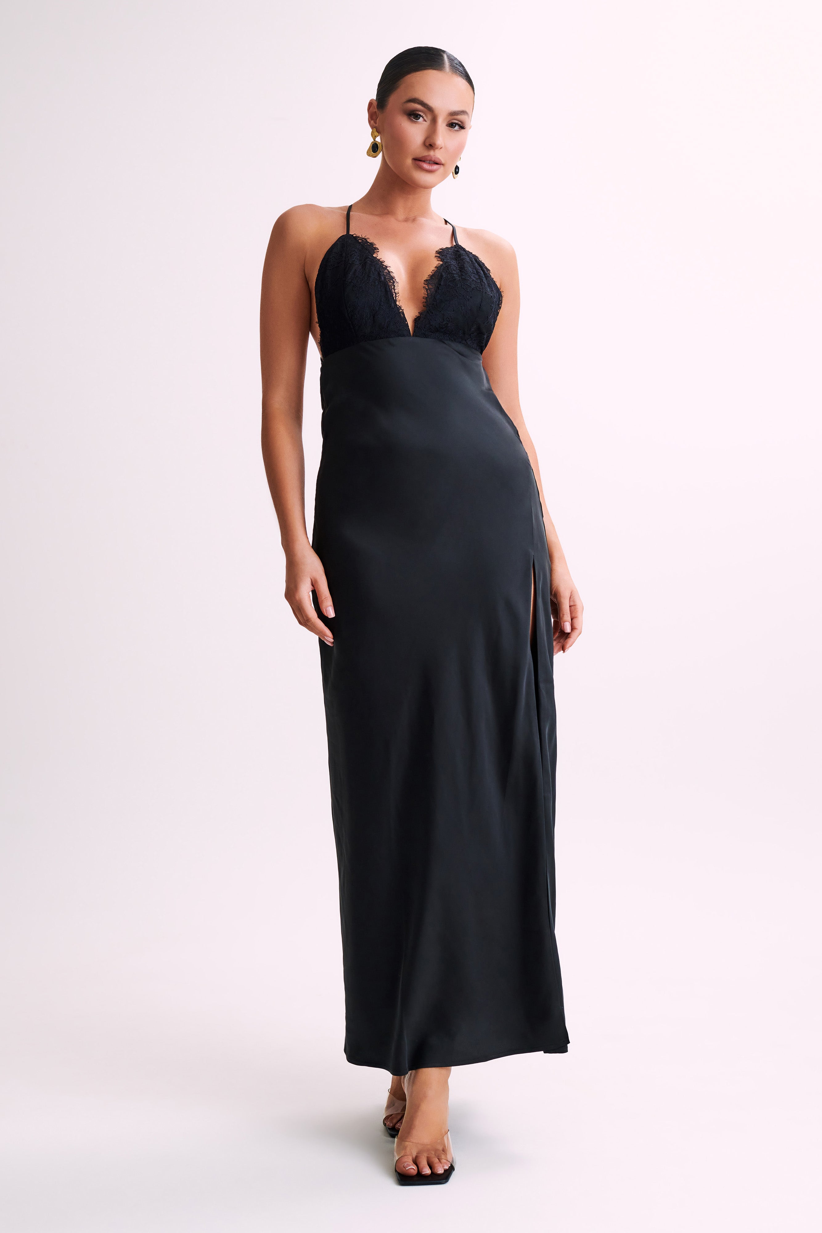 SATIN LACE SLIP DRESS - Black