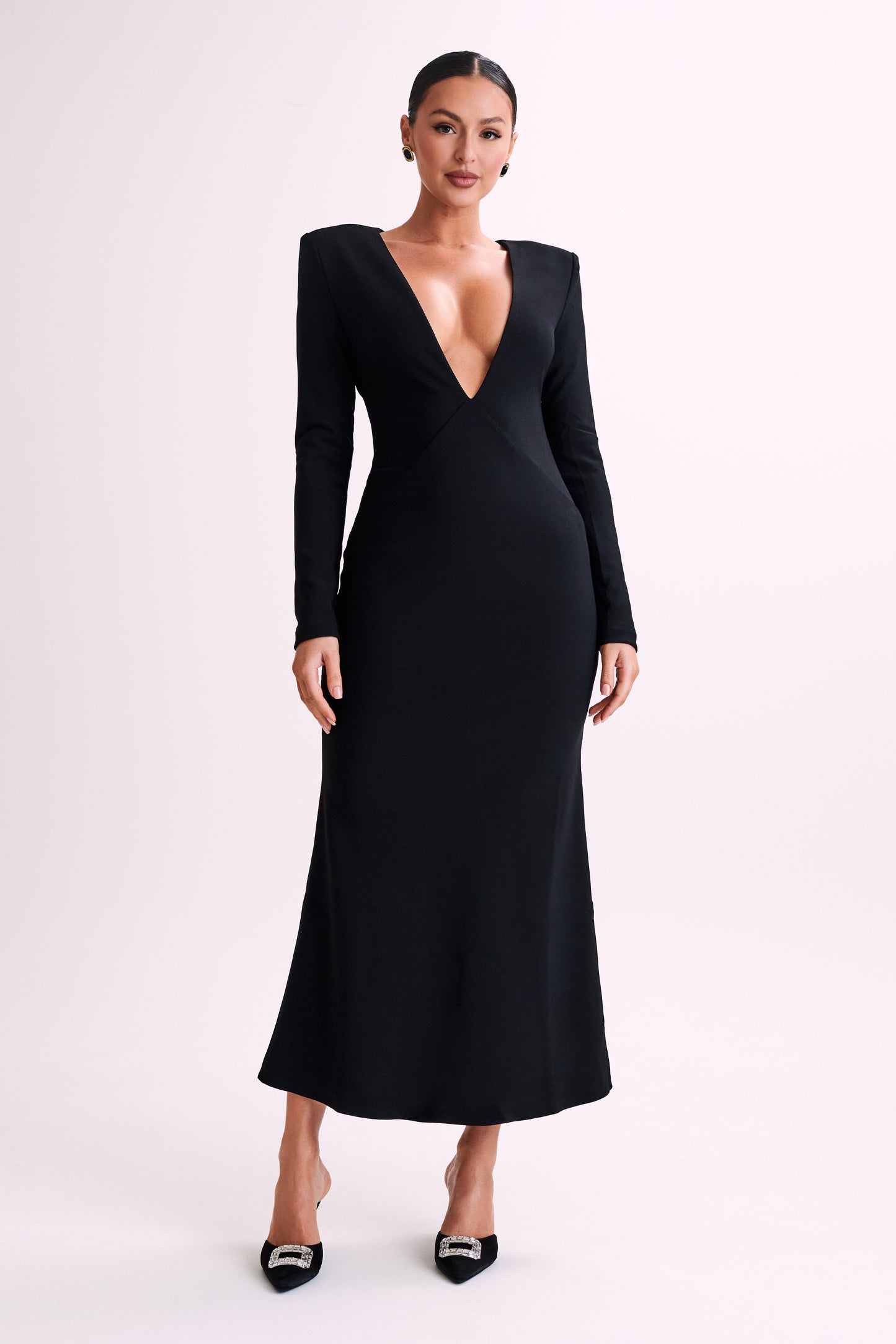 Michaela Long Sleeve Maxi Dress With Shoulder Pads - Black