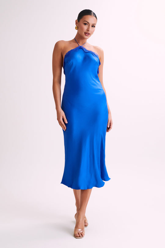 Kaya  Satin Midi Dress With Lace - Periwinkle