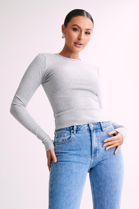 Keeley Long Sleeve Rib Crop Top - Grey Marle