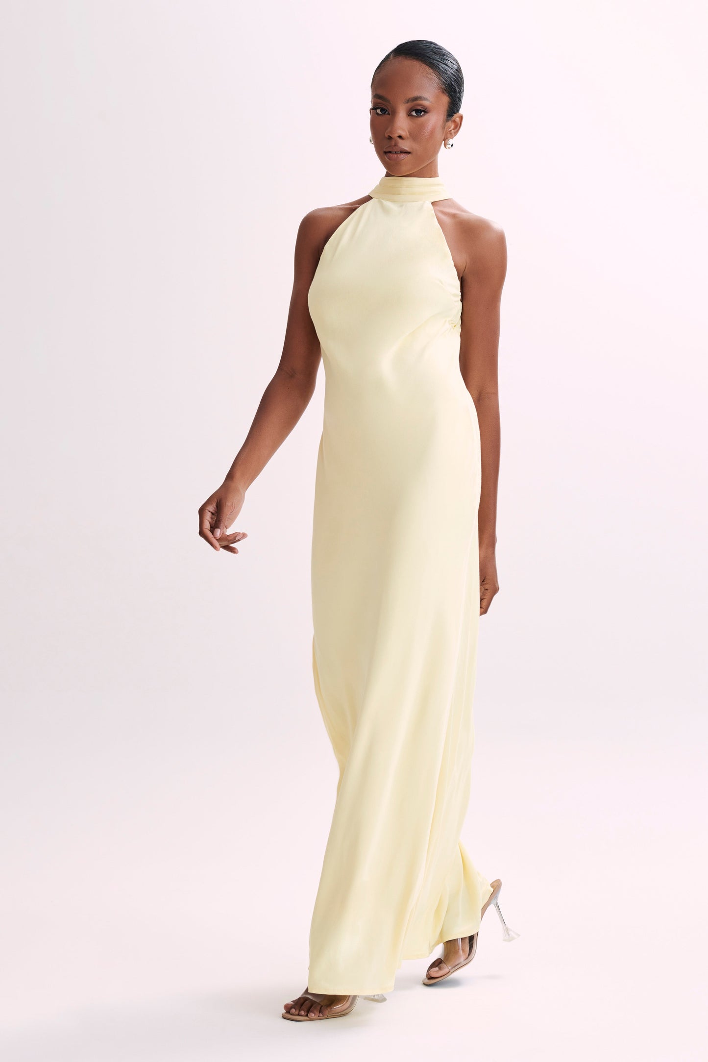 Claire Matte Satin Drape Back Maxi Dress - Light Yellow