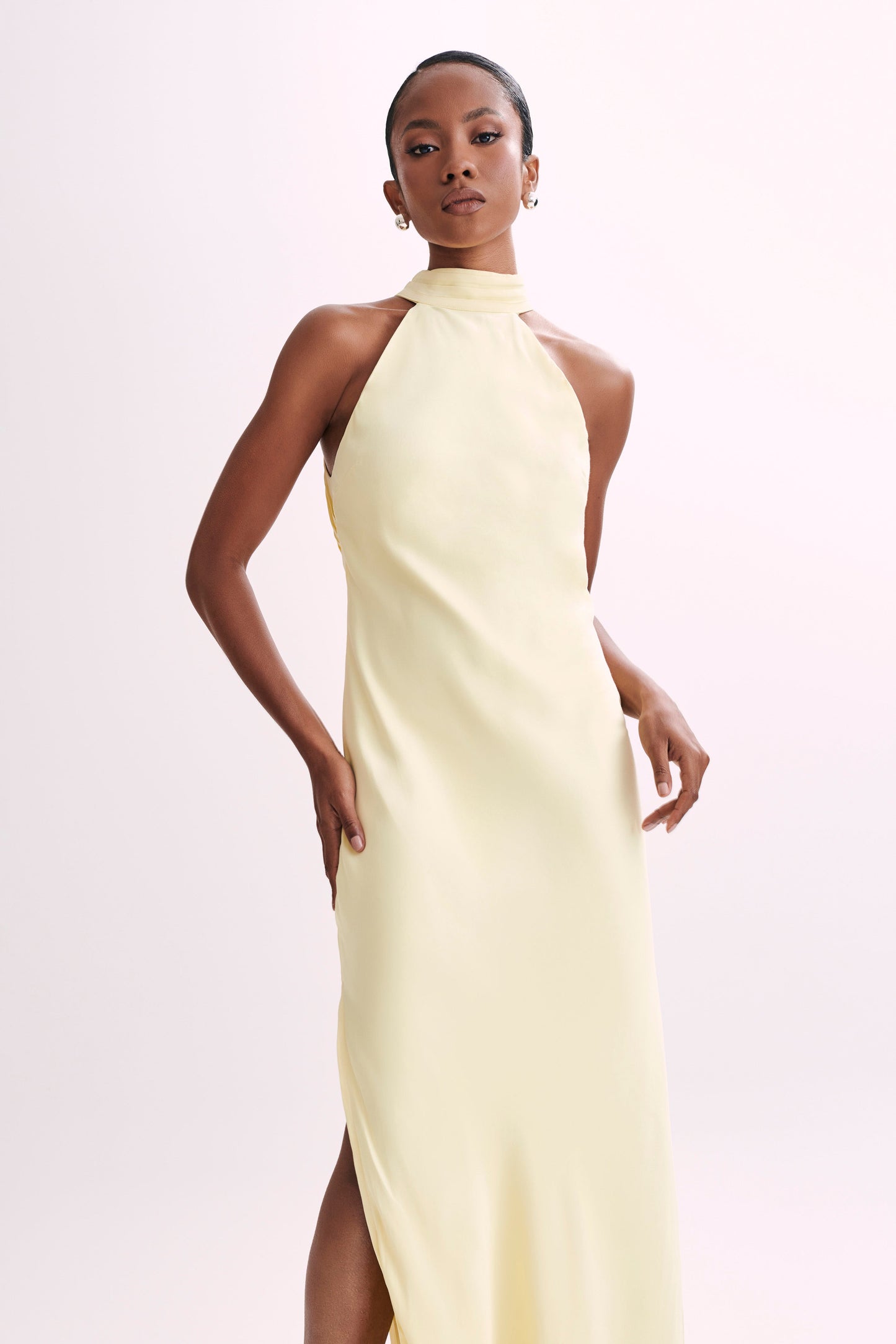 Claire Matte Satin Drape Back Maxi Dress - Light Yellow