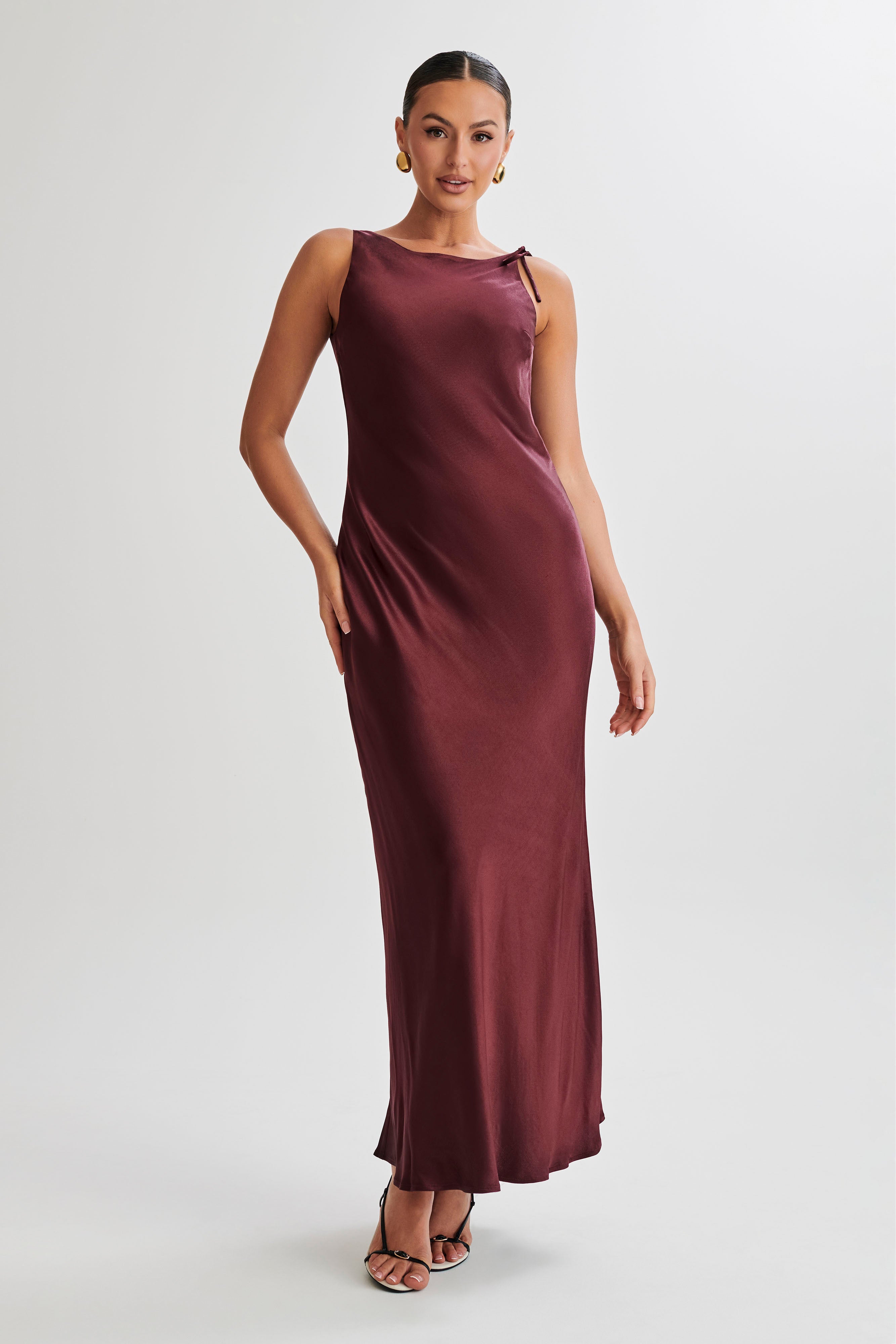 Annalise Satin Maxi Dress With Tie Plum MESHKI