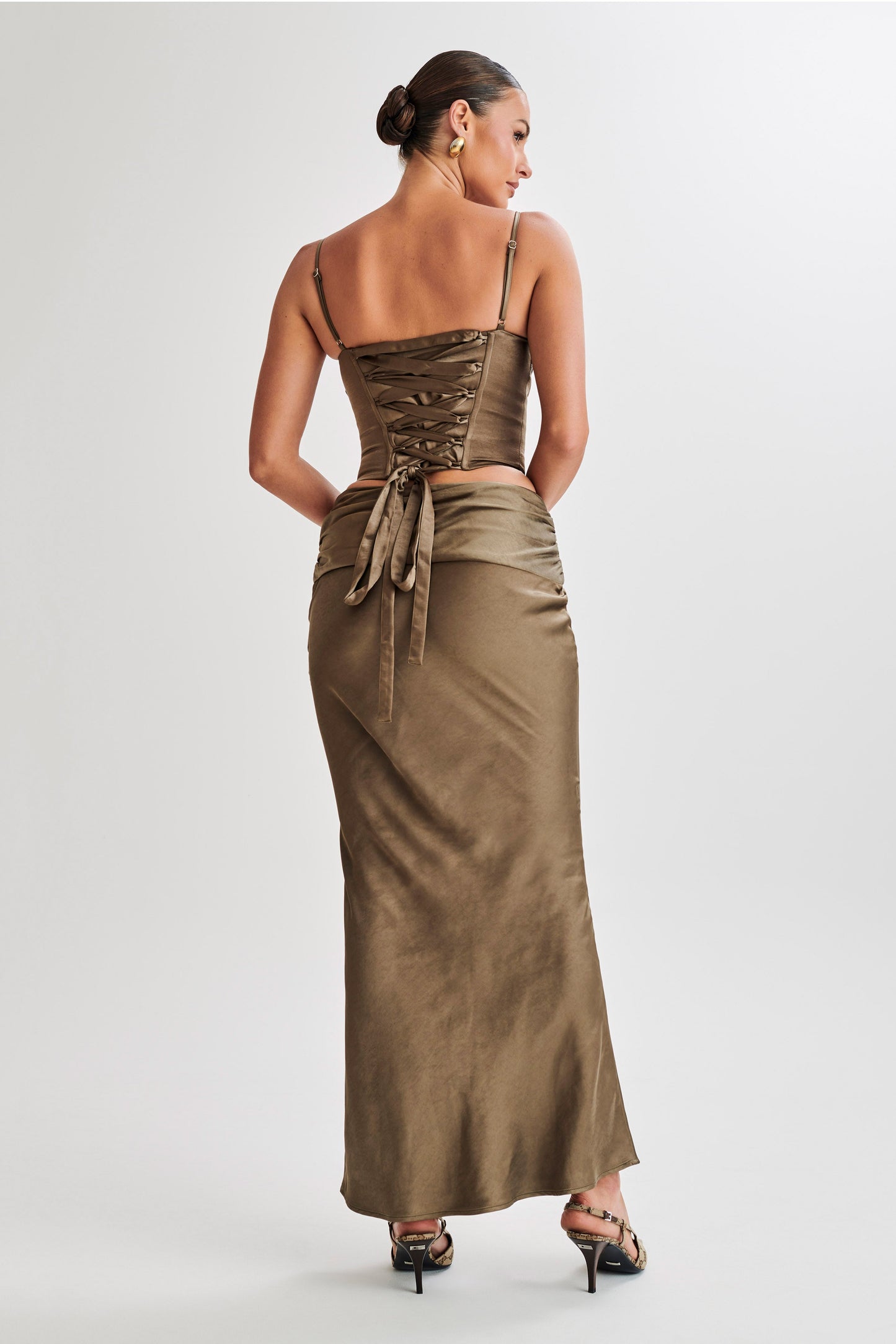 Khalani Ruched Satin Maxi Skirt - Khaki