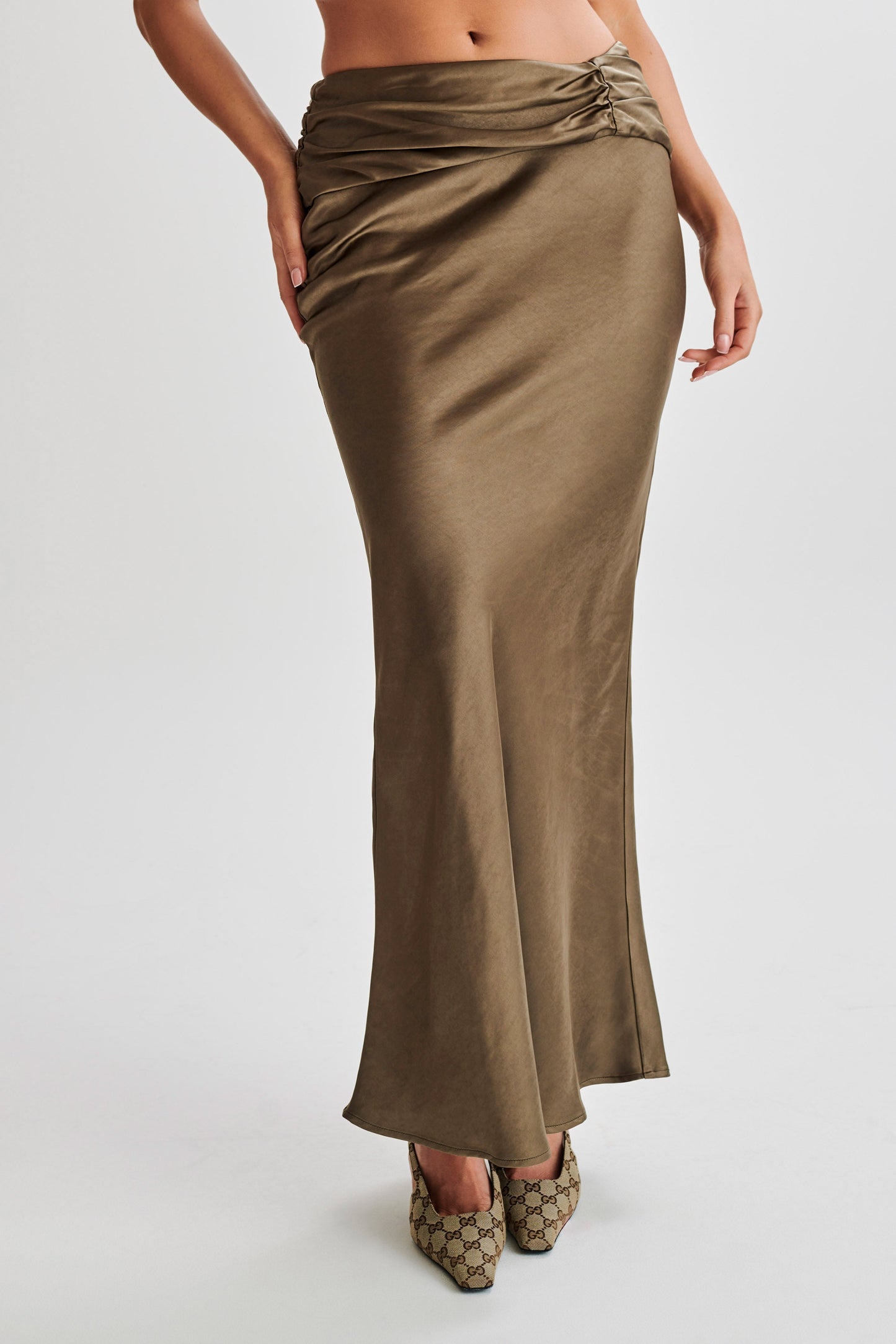 Khalani Ruched Satin Maxi Skirt - Khaki