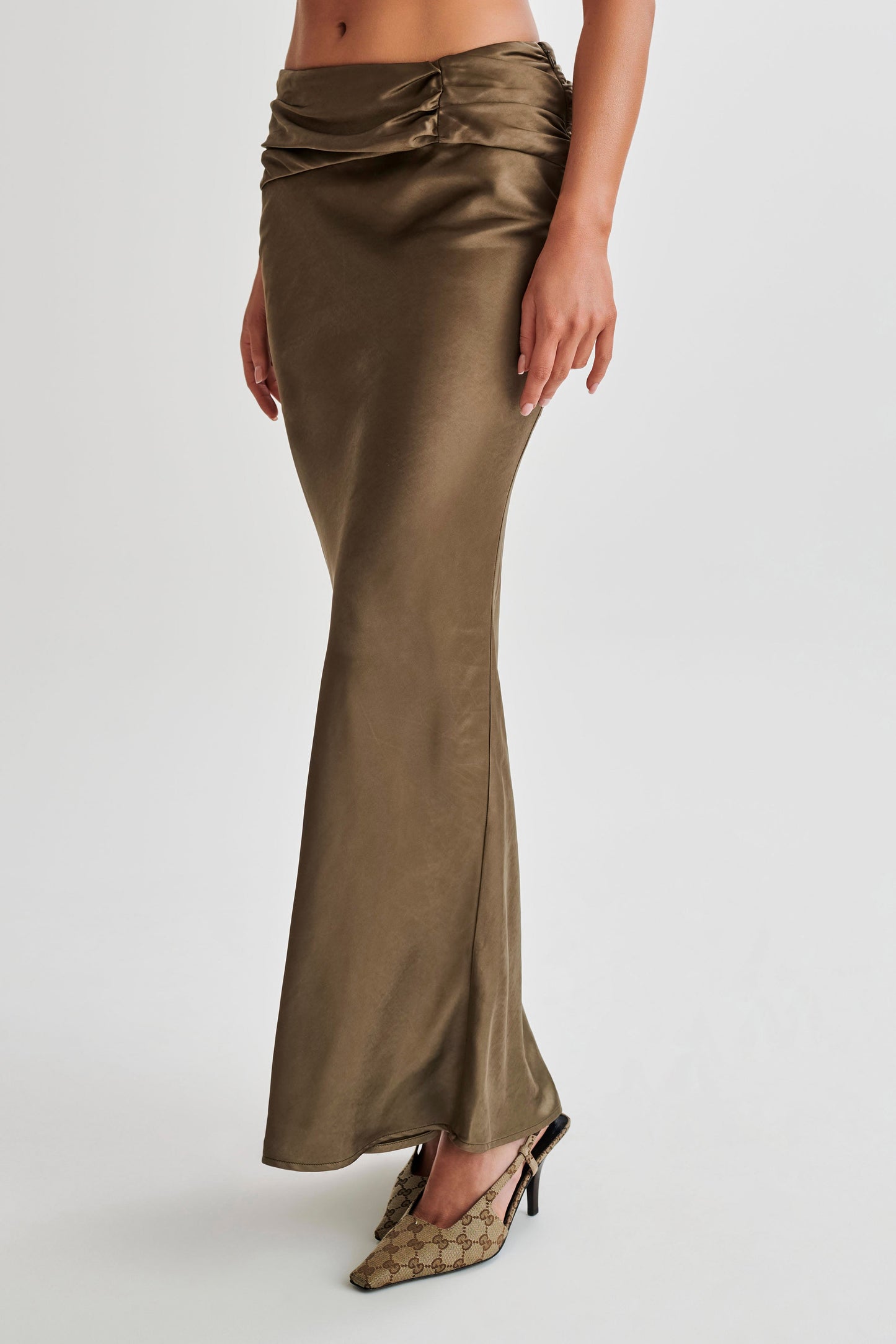 Khalani Ruched Satin Maxi Skirt - Khaki