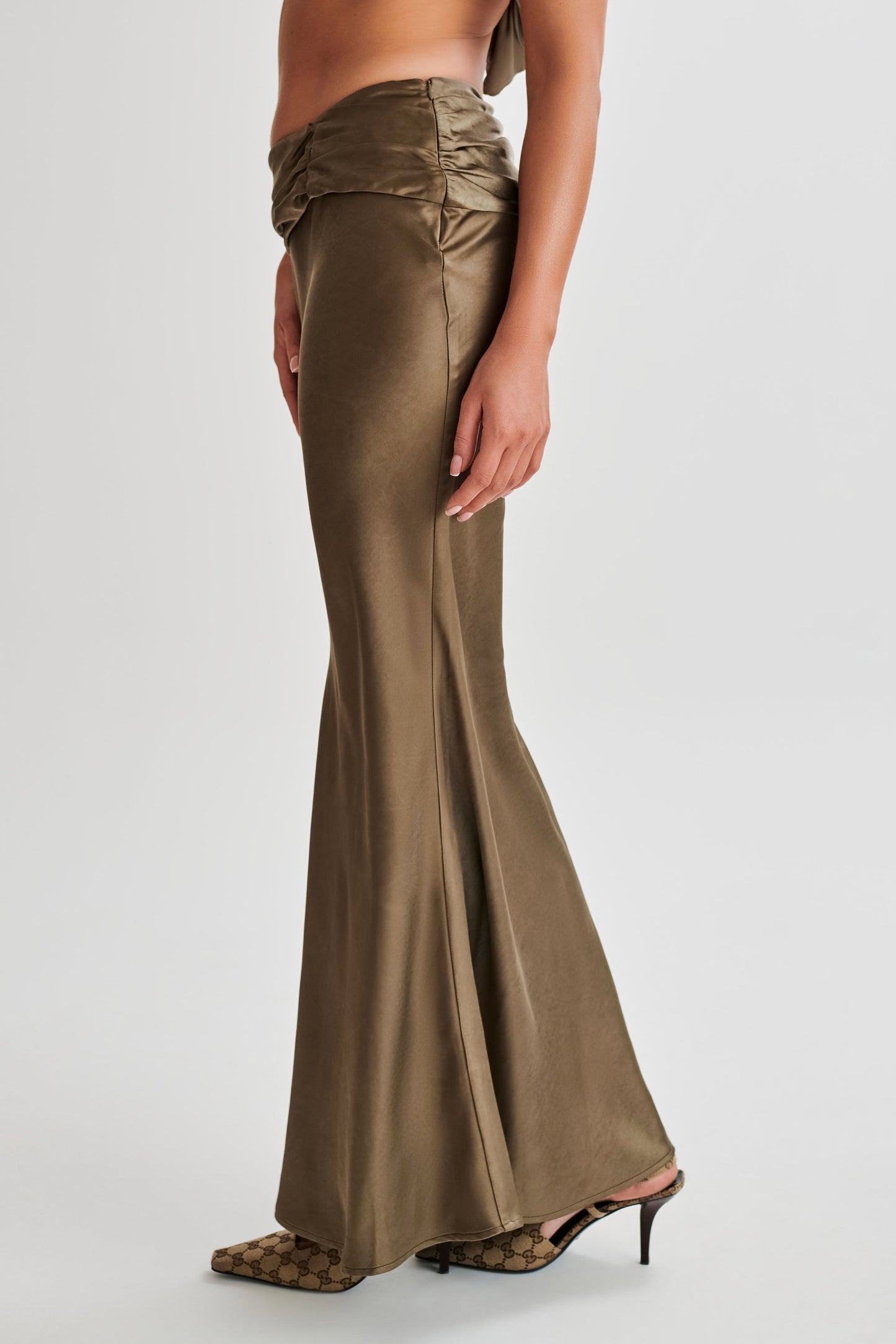 Khalani Ruched Satin Maxi Skirt - Khaki