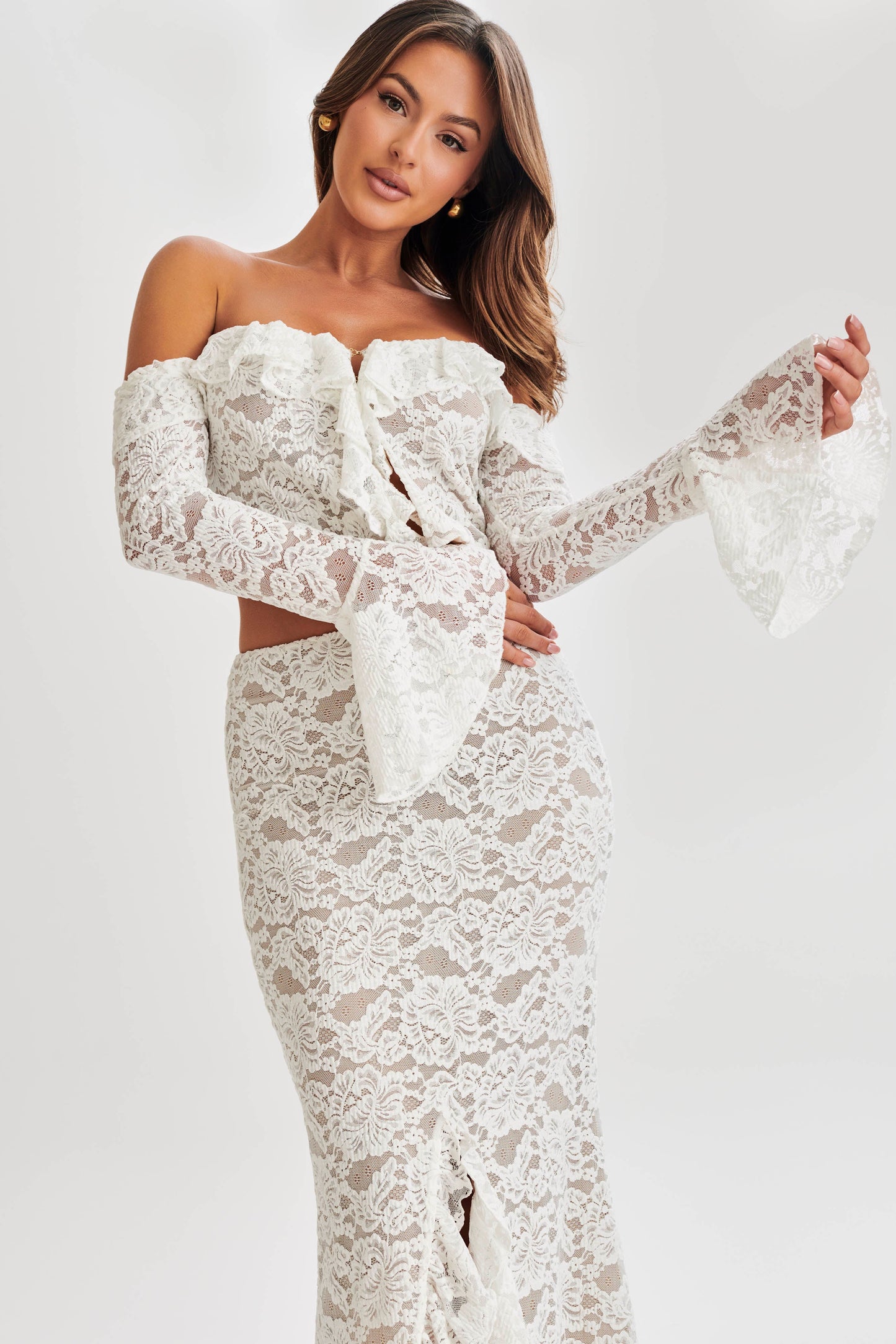 Artemis Lace Plisse Off Shoulder Top - Ivory