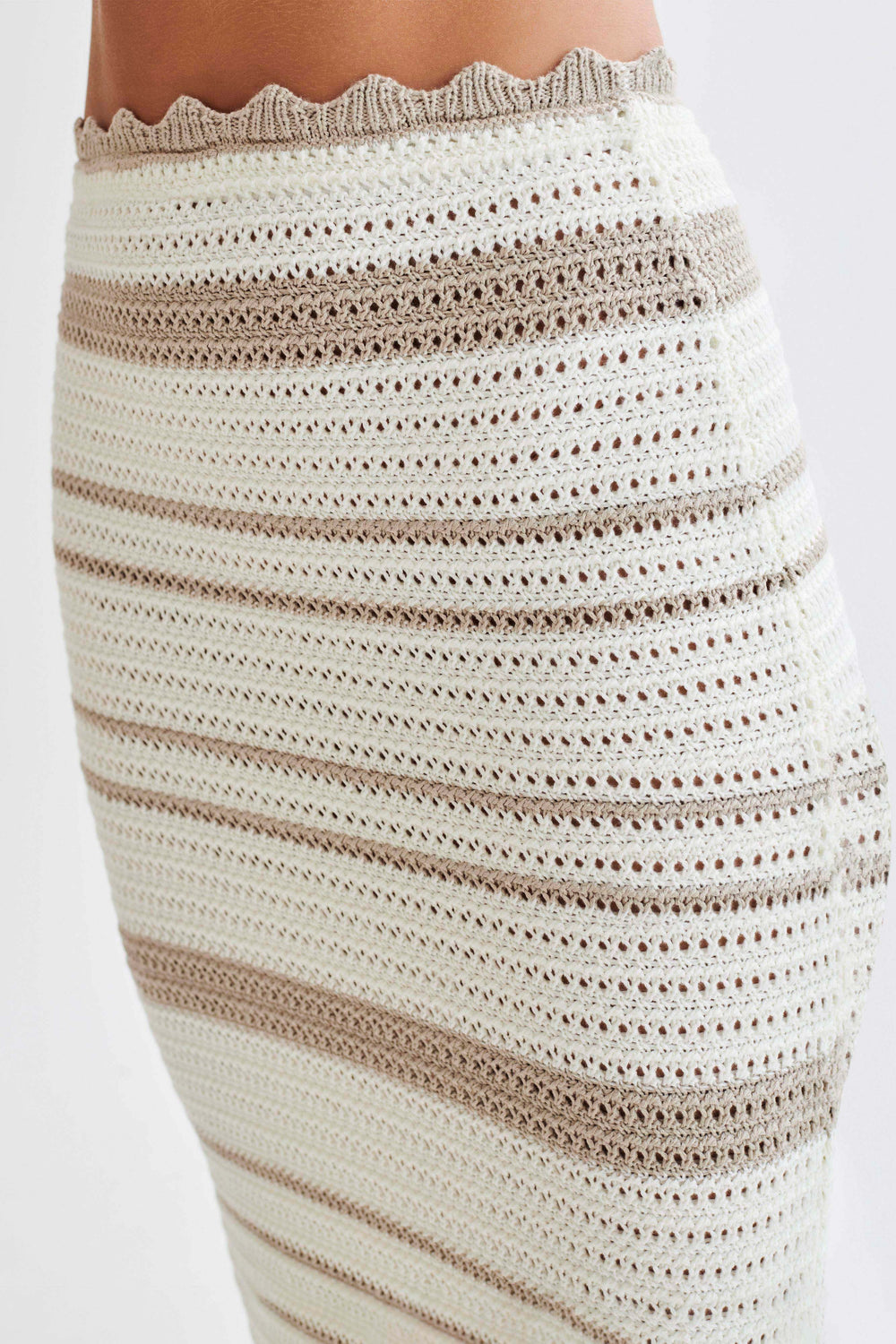 Jadia Contrast Crochet Fishtail Maxi Skirt - Taupe/White