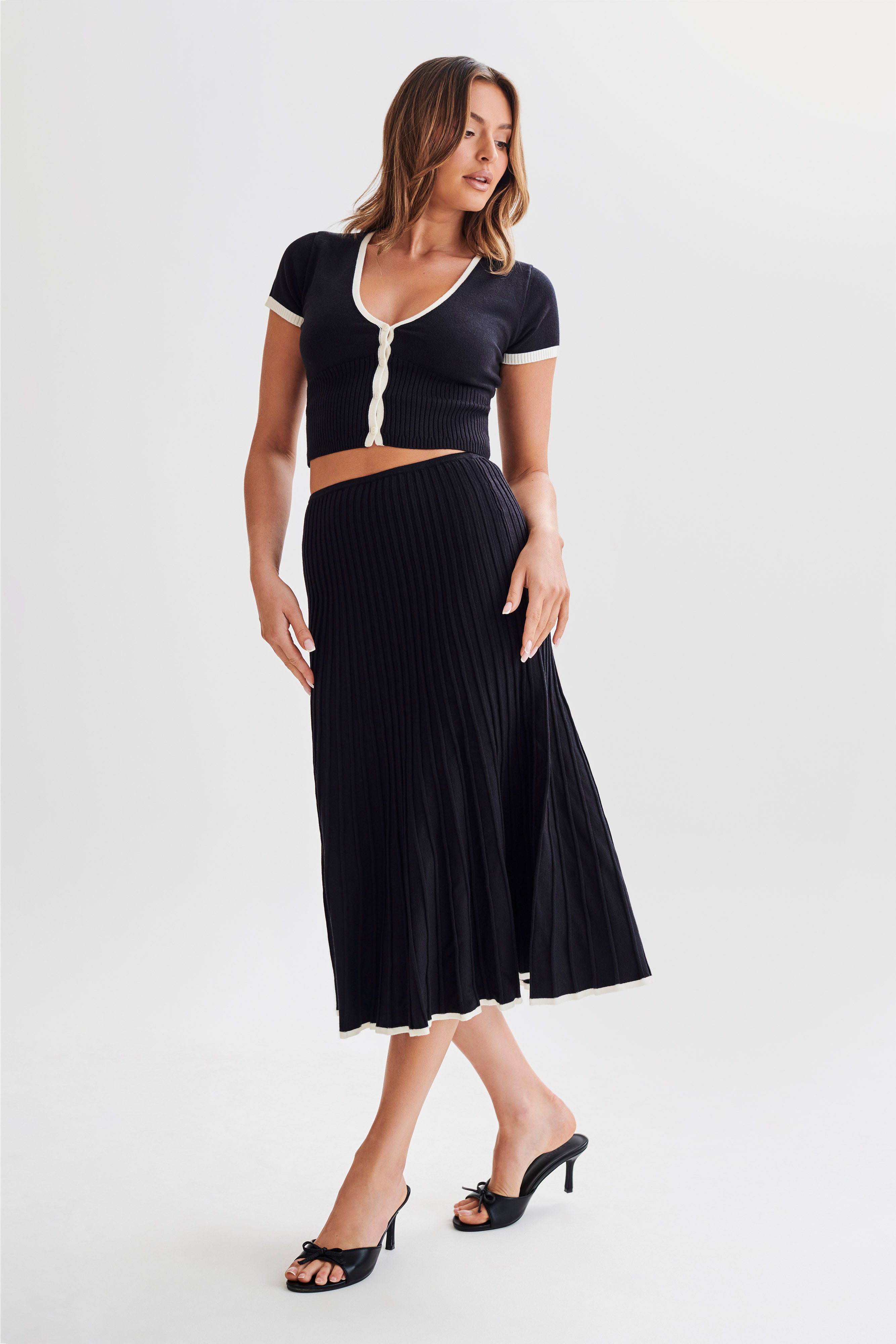 Jolene Contrast Rib Knit Midi Skirt Black MESHKI