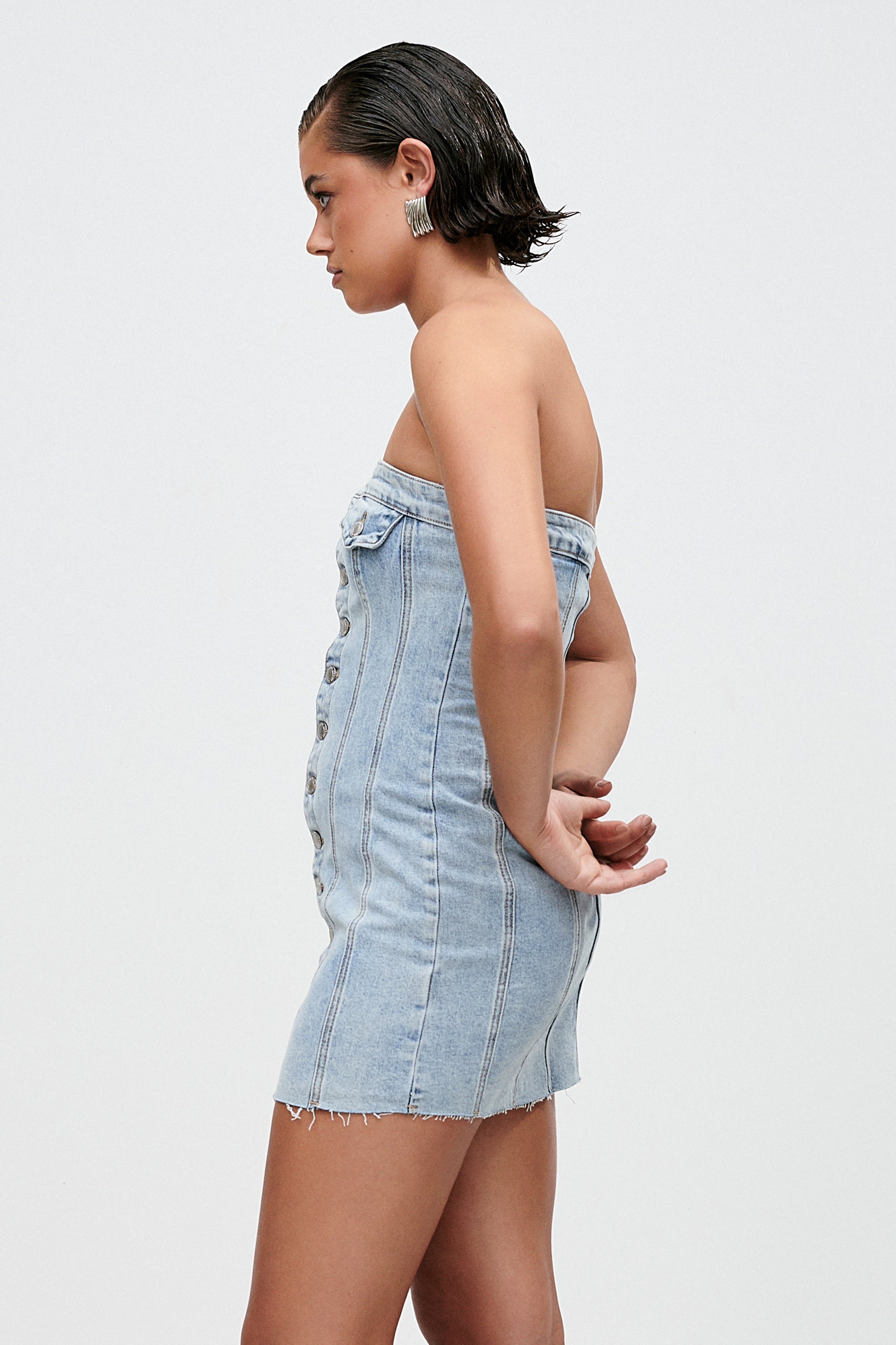Tiani Buttoned Denim Mini Dress Light Blue MESHKI