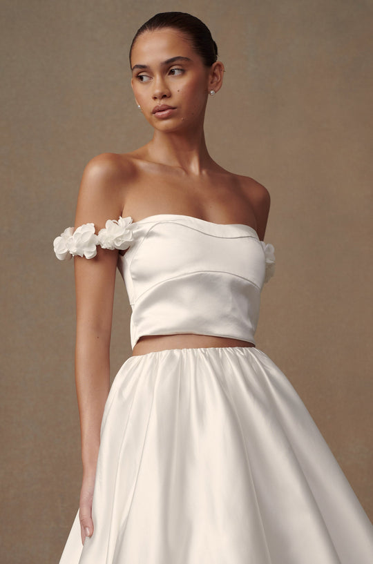 Karrie  Cropped Satin Rose Bodice - White