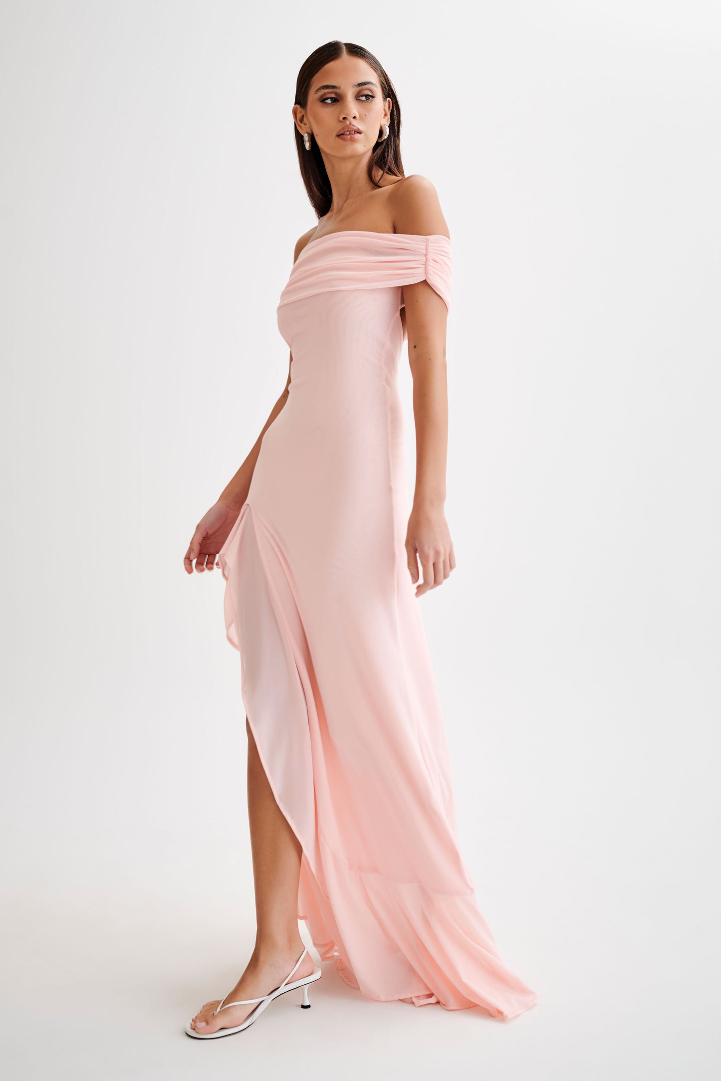 Audrey Off Shoulder Mesh Maxi Dress - Pale Pink