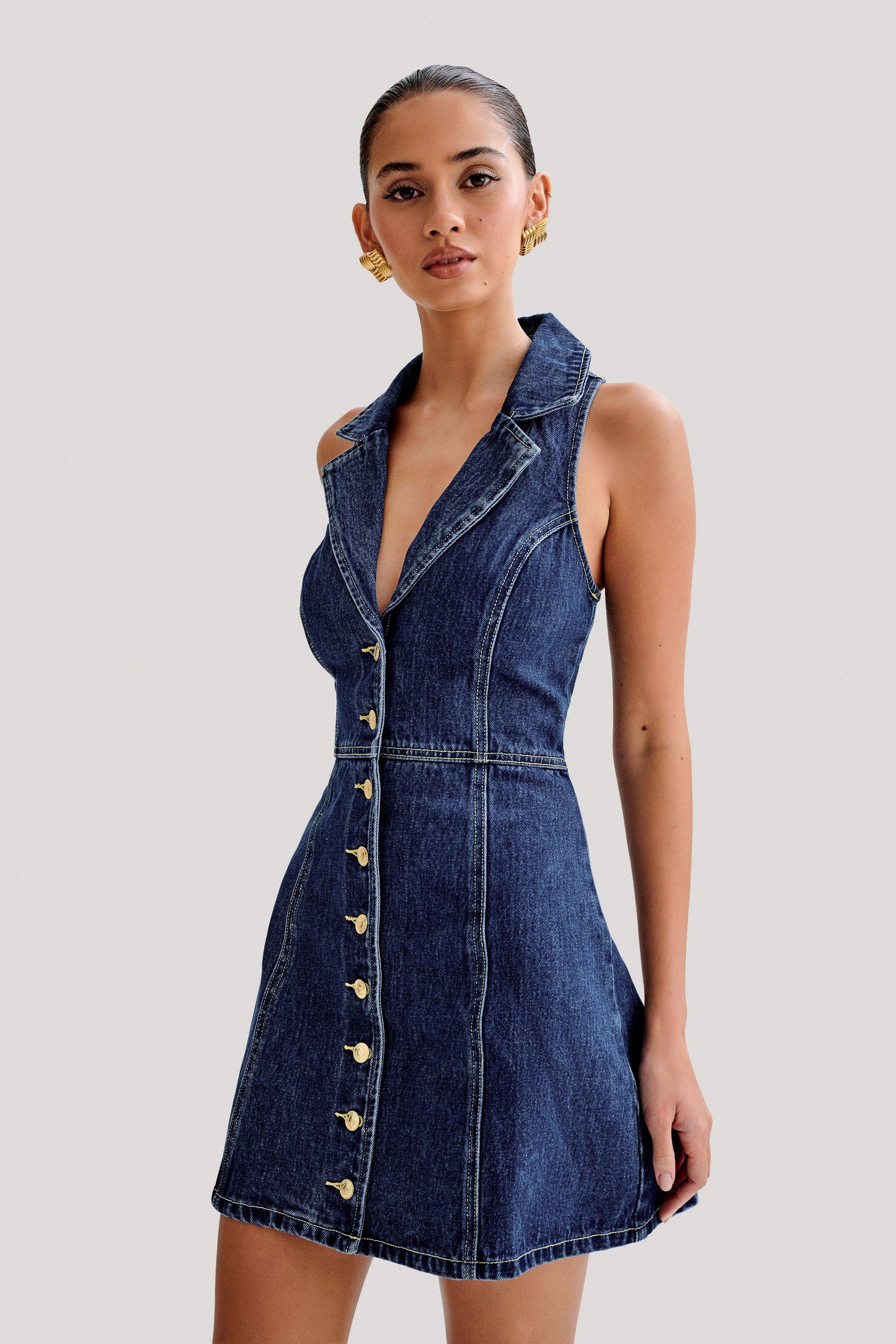 Eugenie Collared Denim Mini Dress - Dark Blue