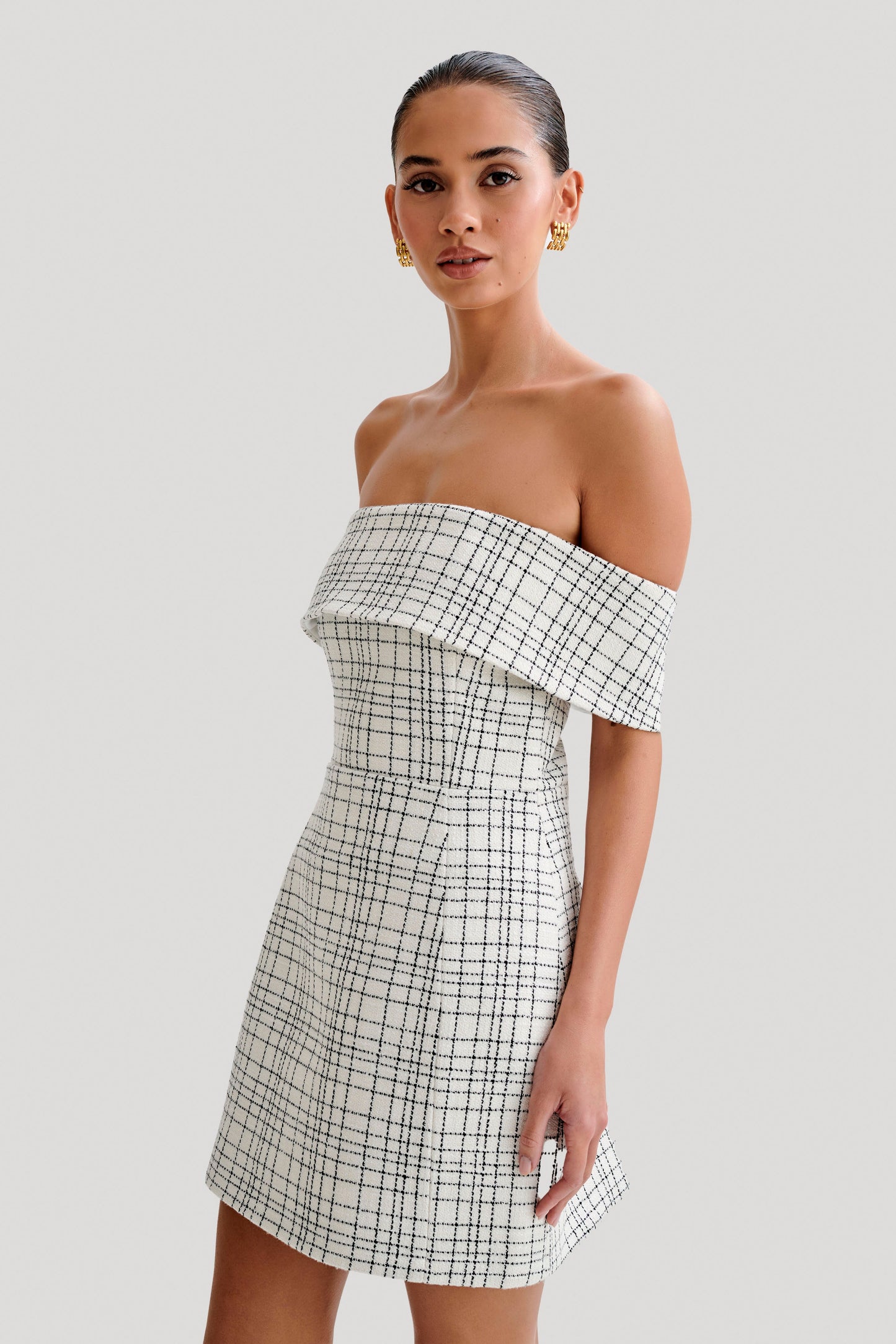 Helena Tweed Off Shoulder Mini Dress - White Check