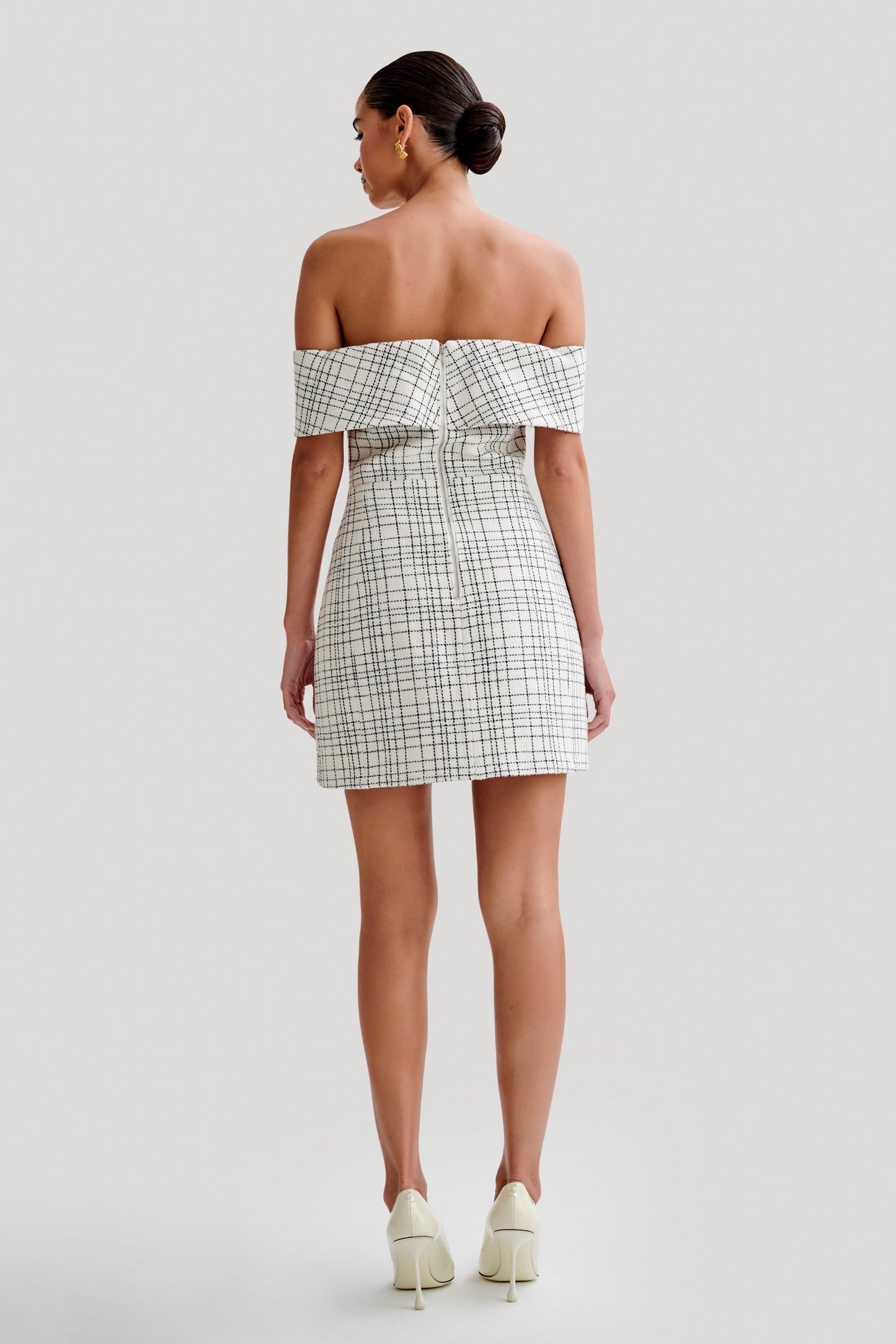 Helena Tweed Off Shoulder Mini Dress - White Check