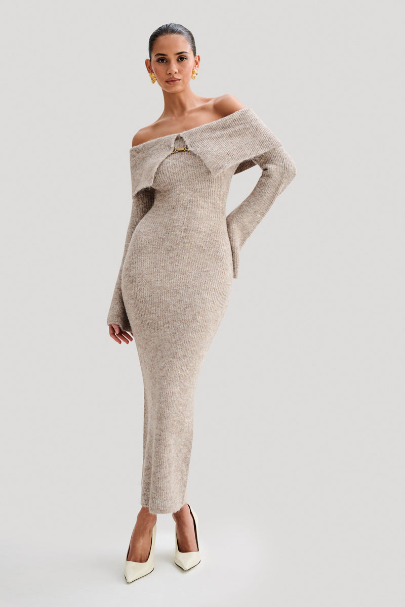 Baxter Off Shoulder Fluffy Knit Midi Dress - Taupe Marle - MESHKI