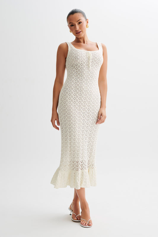 Sylvie Frill Knit Midi Dresses - Ivory