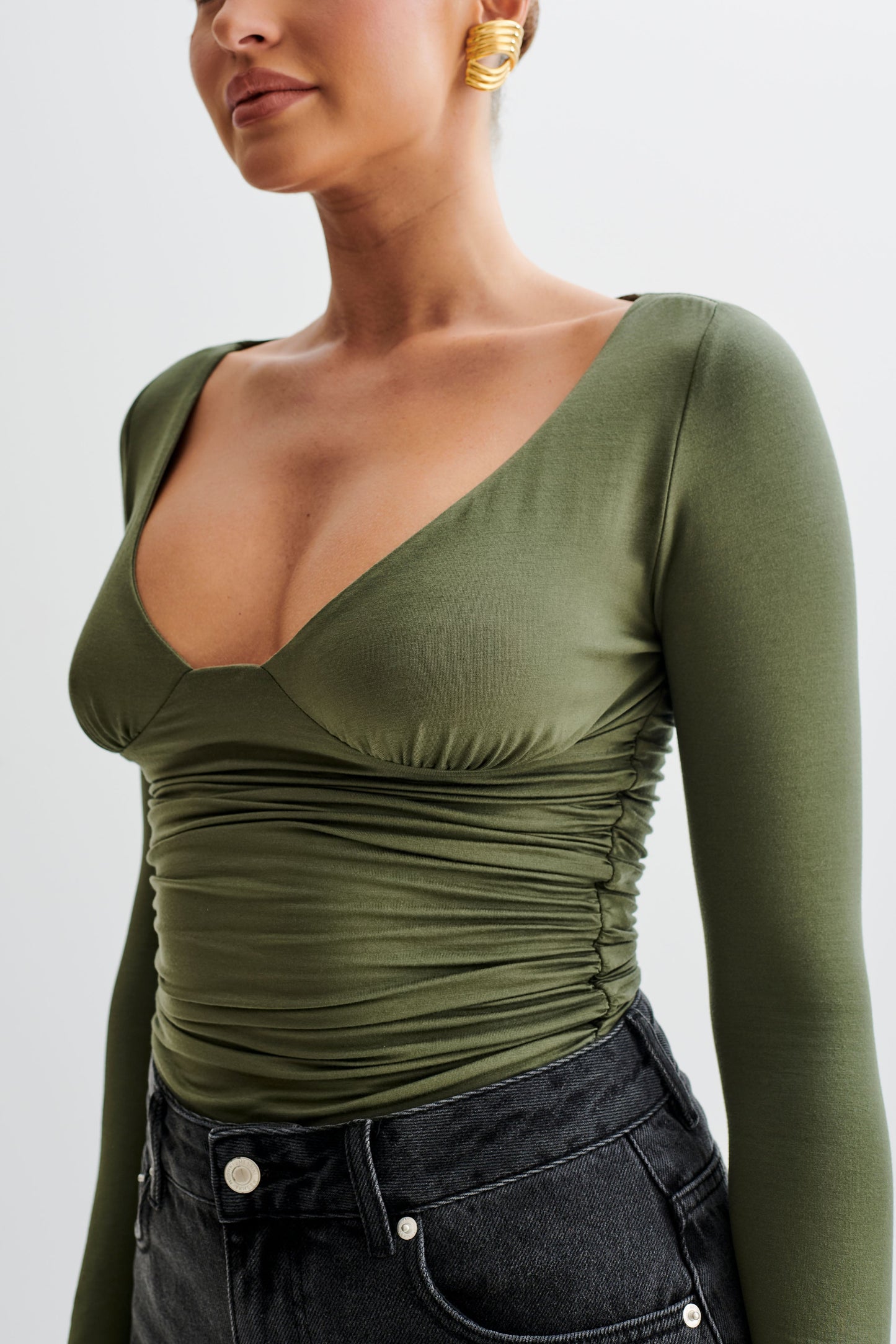 Sutton Ruched Long Sleeve Top - Military Olive