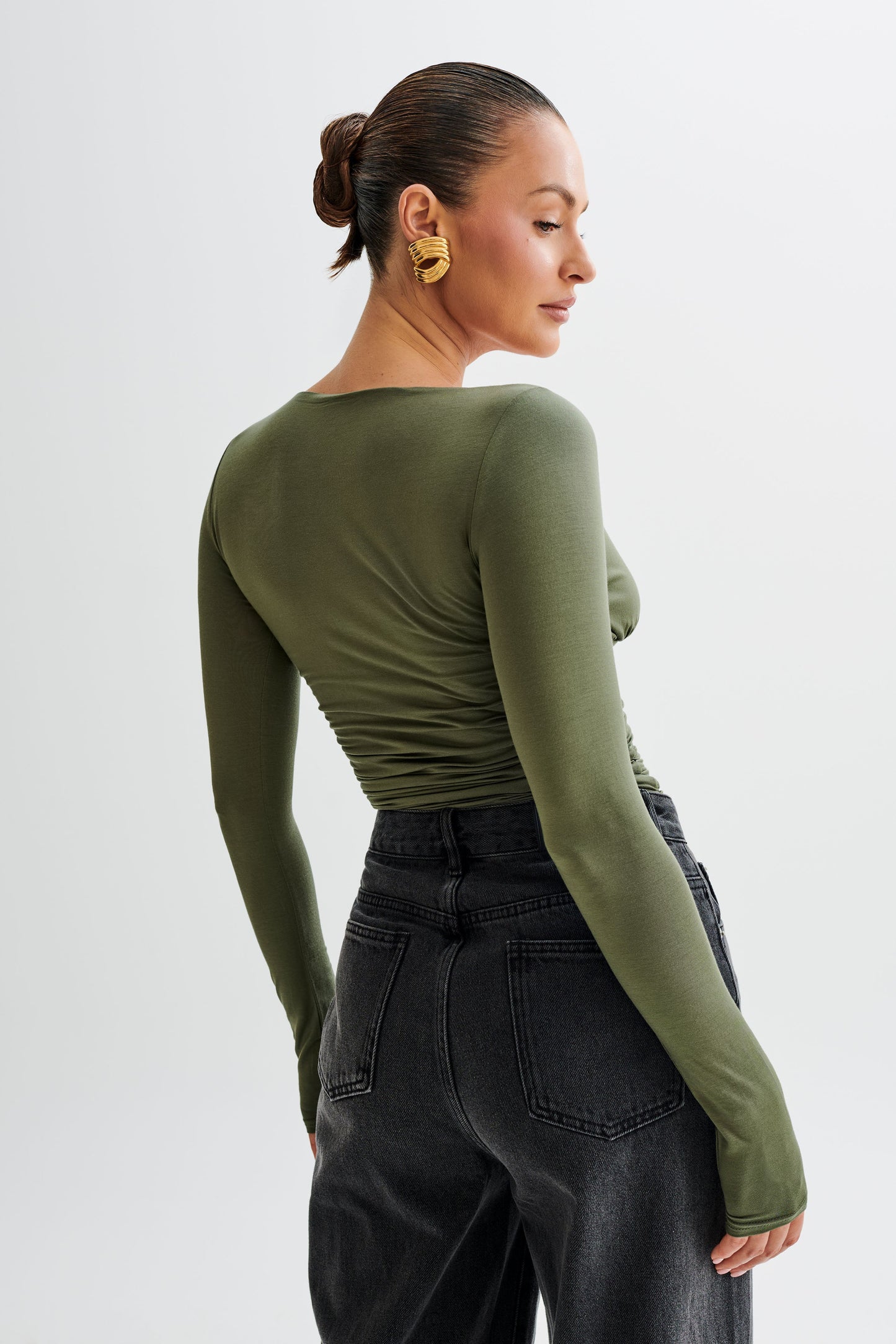 Sutton Ruched Long Sleeve Top - Military Olive