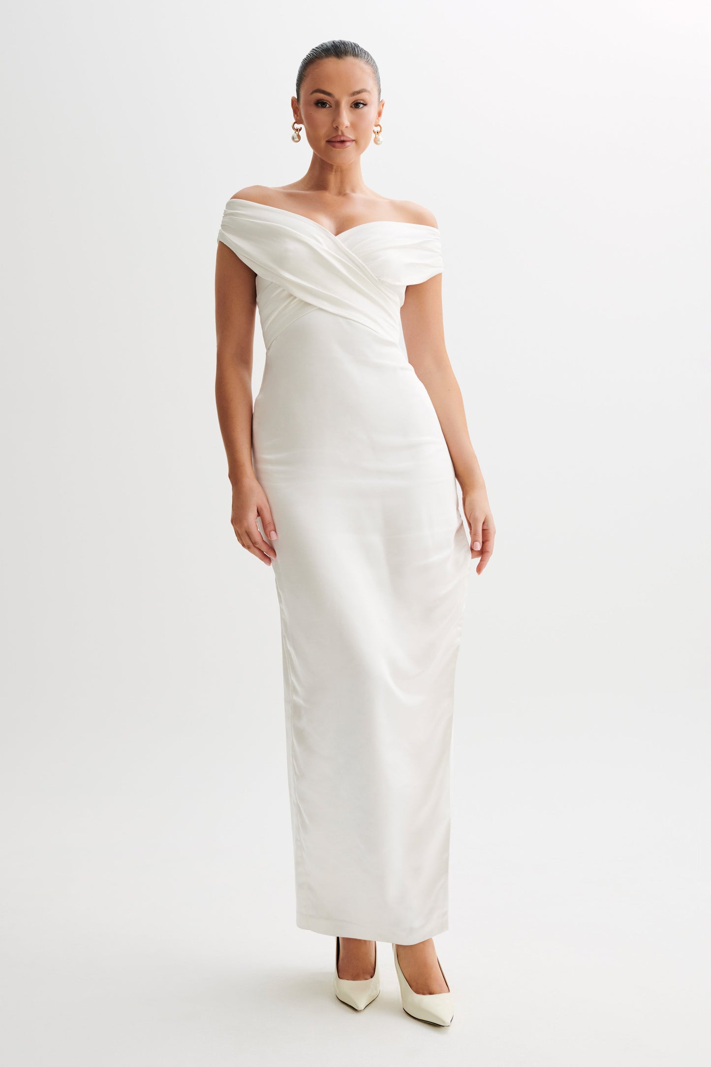 Harley Off Shoulder Satin Maxi Dress - Ivory