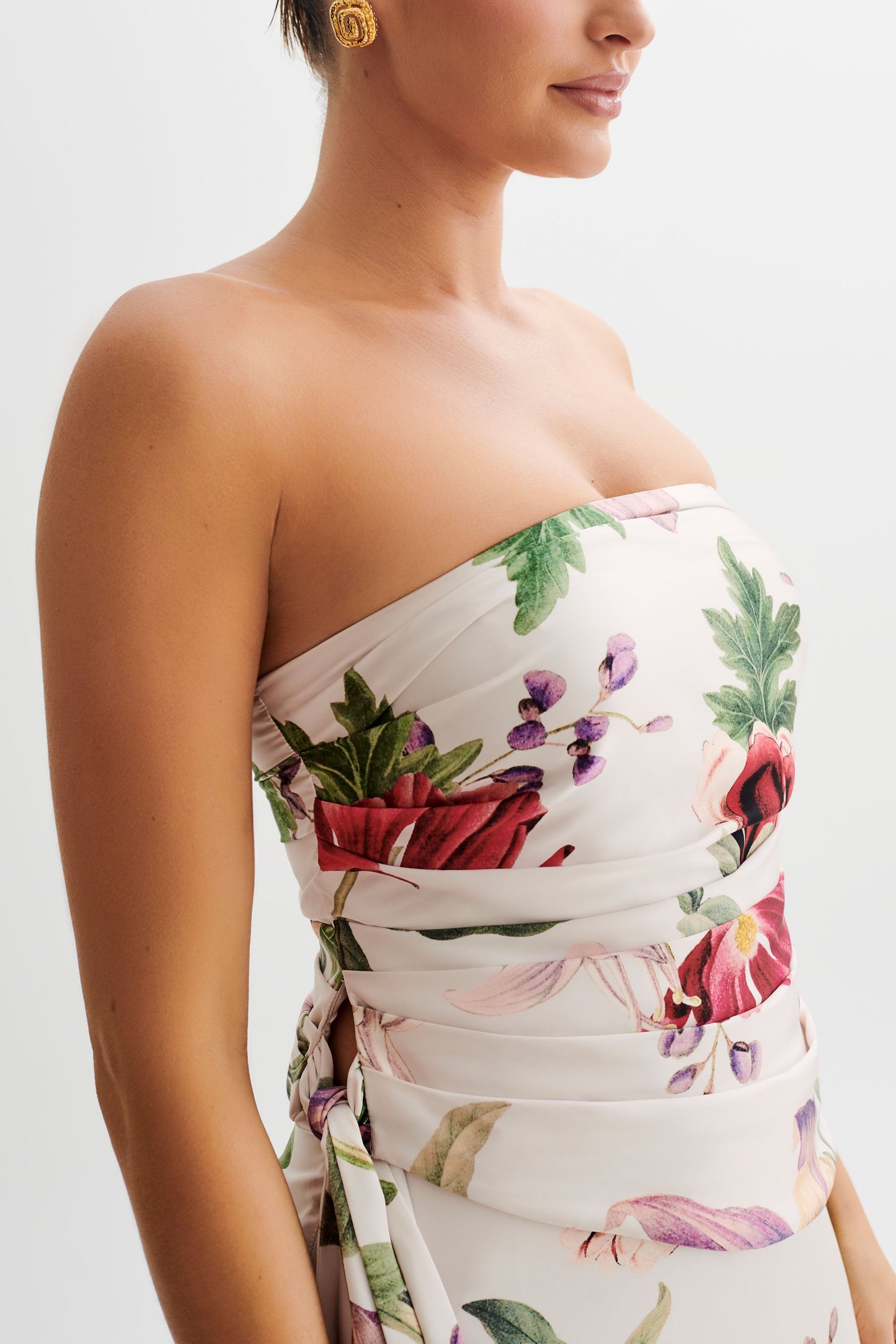 Allegra Satin Ruched Strapless Top - Bella Rosa Print