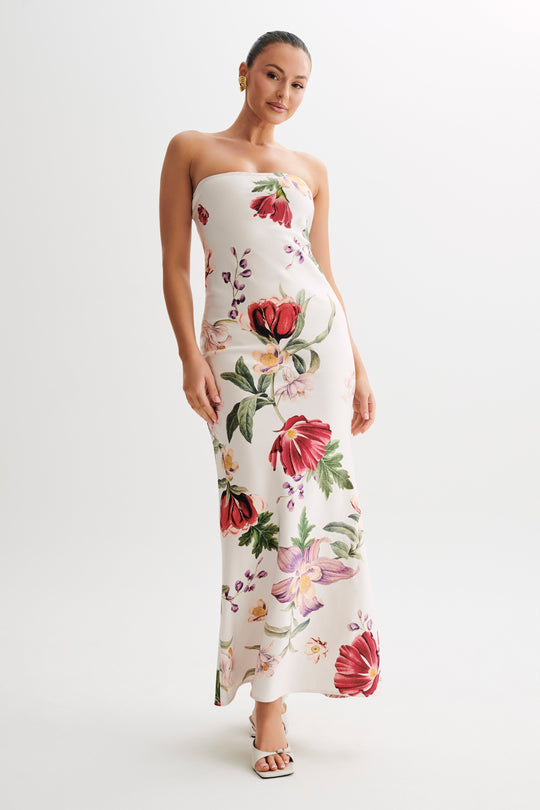 Claudette  Strapless Satin Maxi Dress - Bella Rosa Print