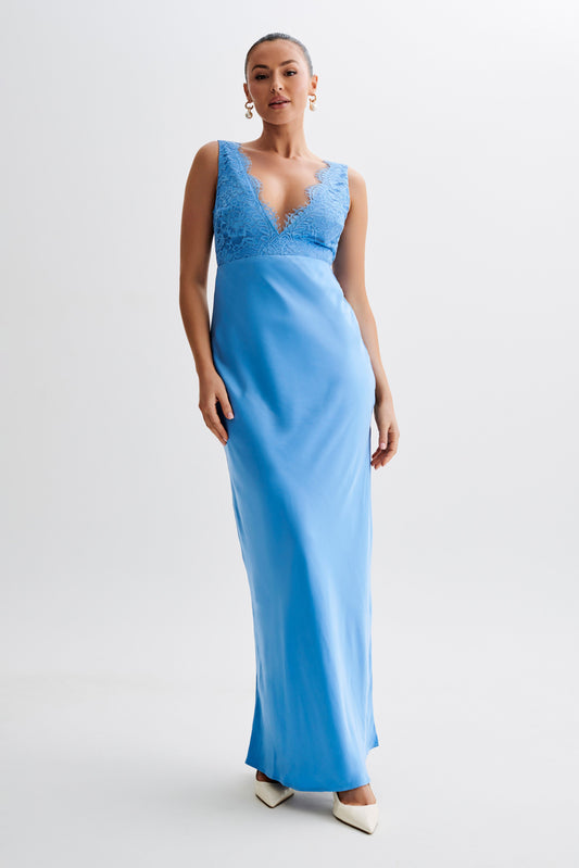 Ricci Satin And Lace Maxi Dress - Iris Blue