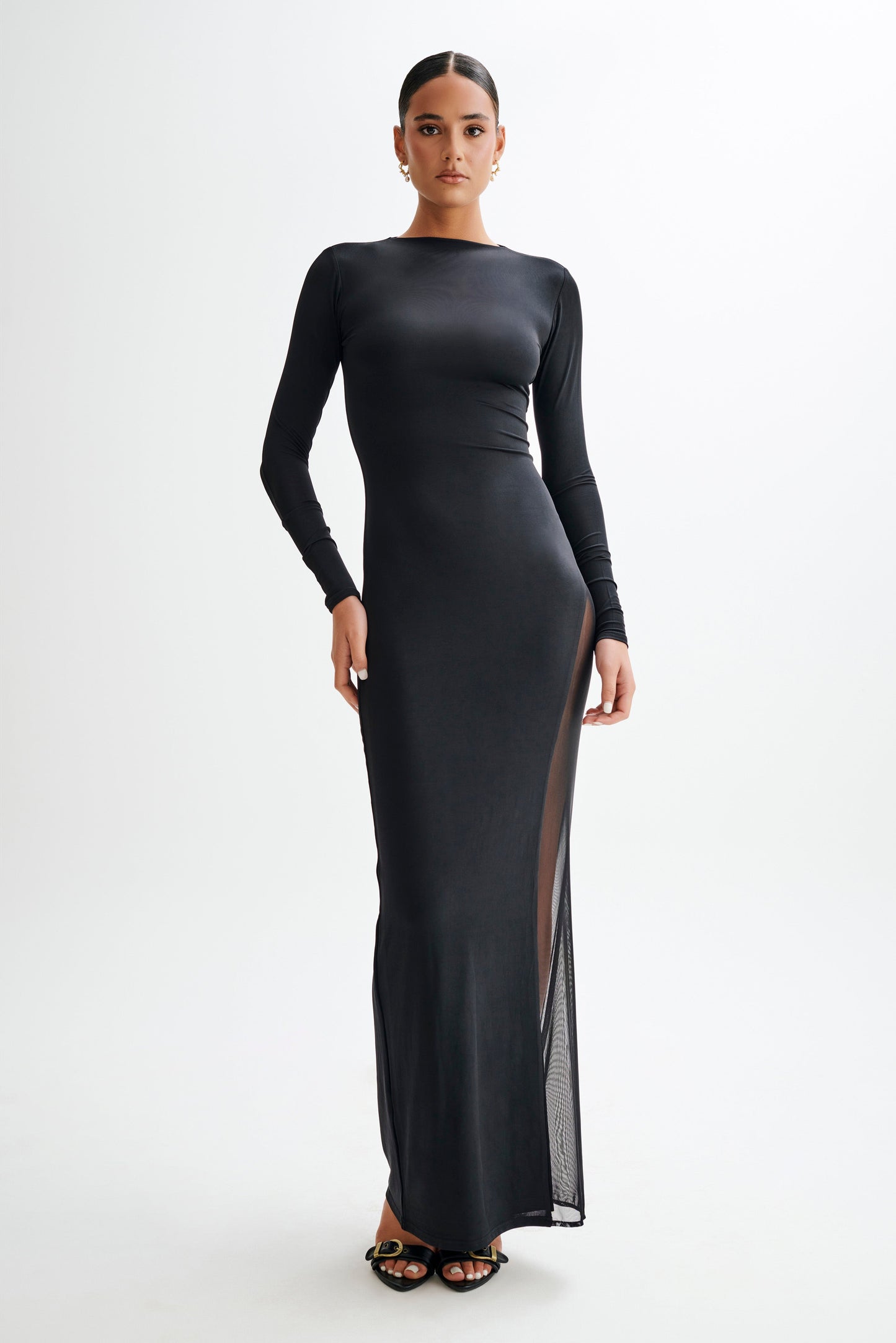 Andretti Slinky Long Sleeve Maxi Dress With Mesh - Black