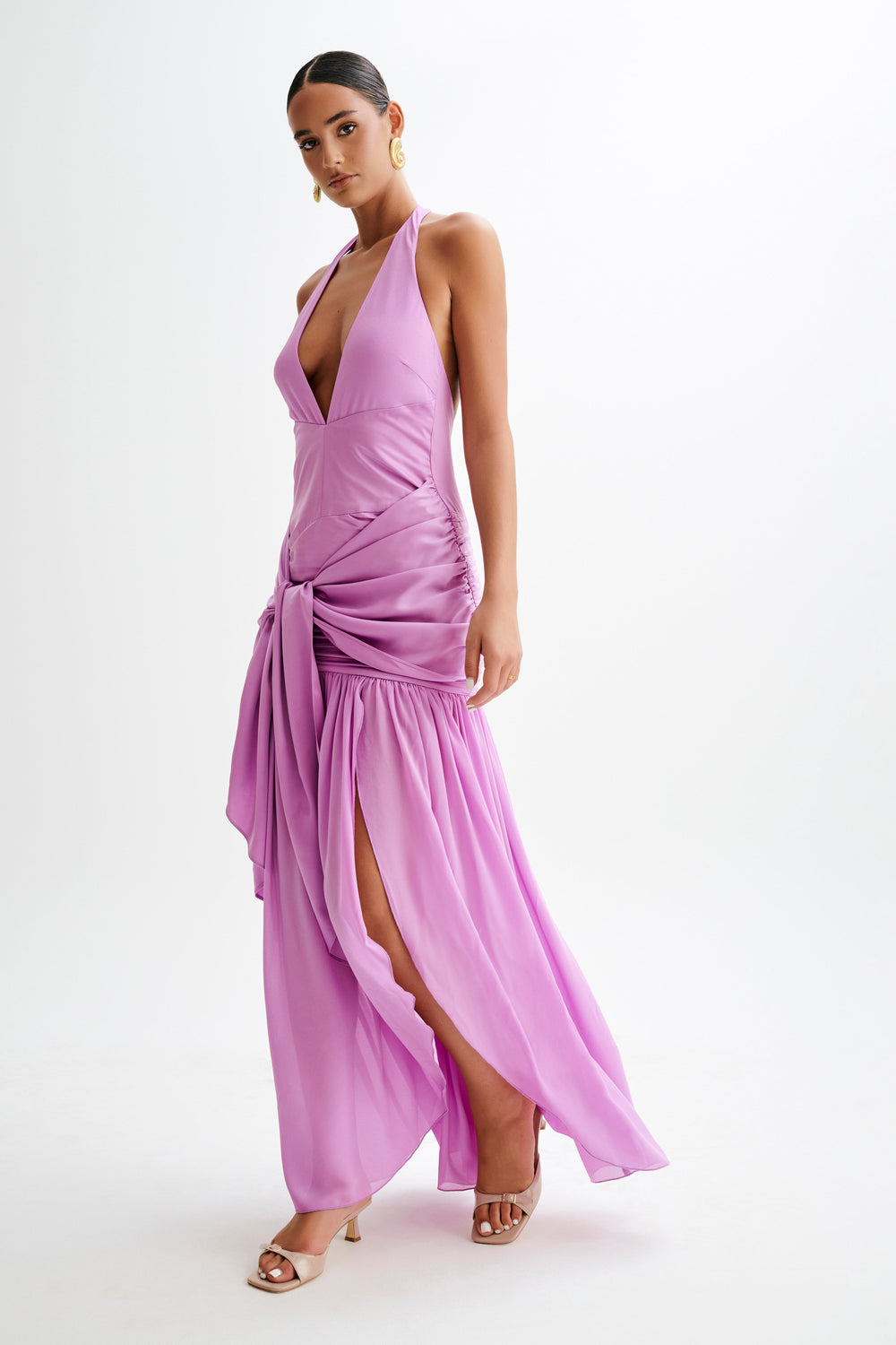 Graziana Satin Chiffon Plunge Maxi Dress - Violet