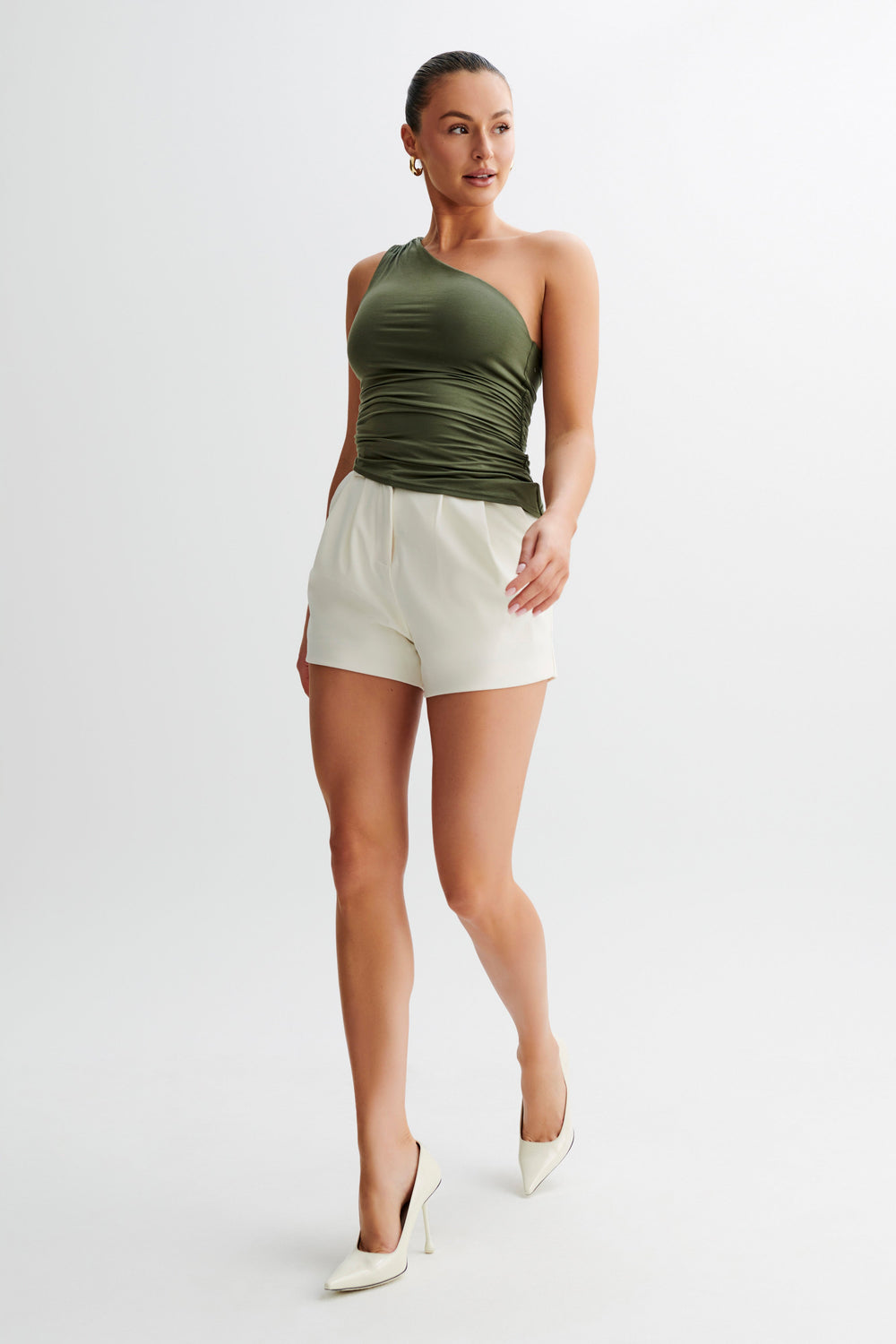 Sarah One Shoulder Modal Asymmetric Top - Military Olive