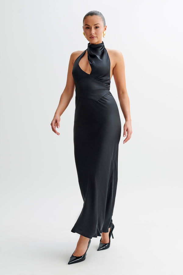 Shop Formal Dress - Belladonna  Satin Halter Maxi Dress - Black fifth image