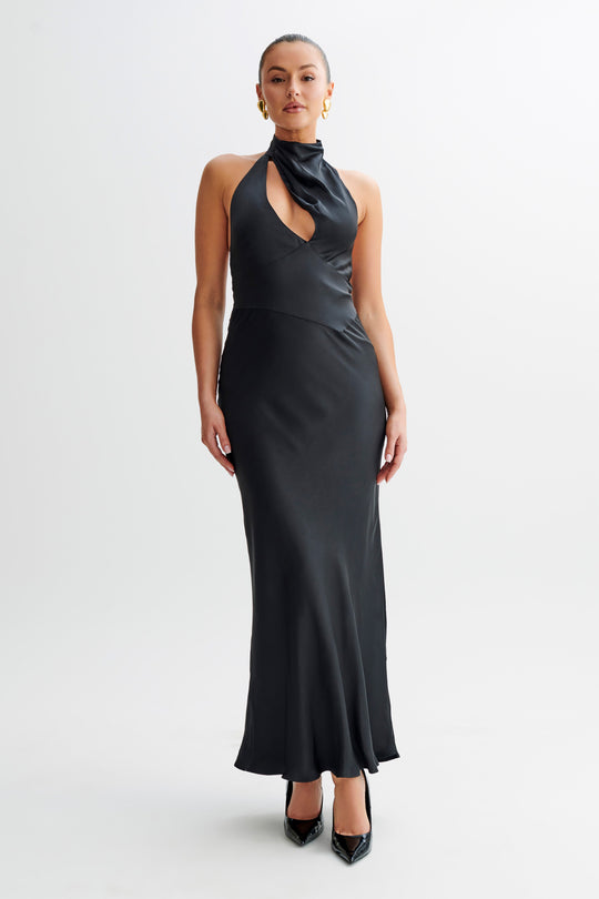 Shop Formal Dress - Belladonna  Satin Halter Maxi Dress - Black featured image