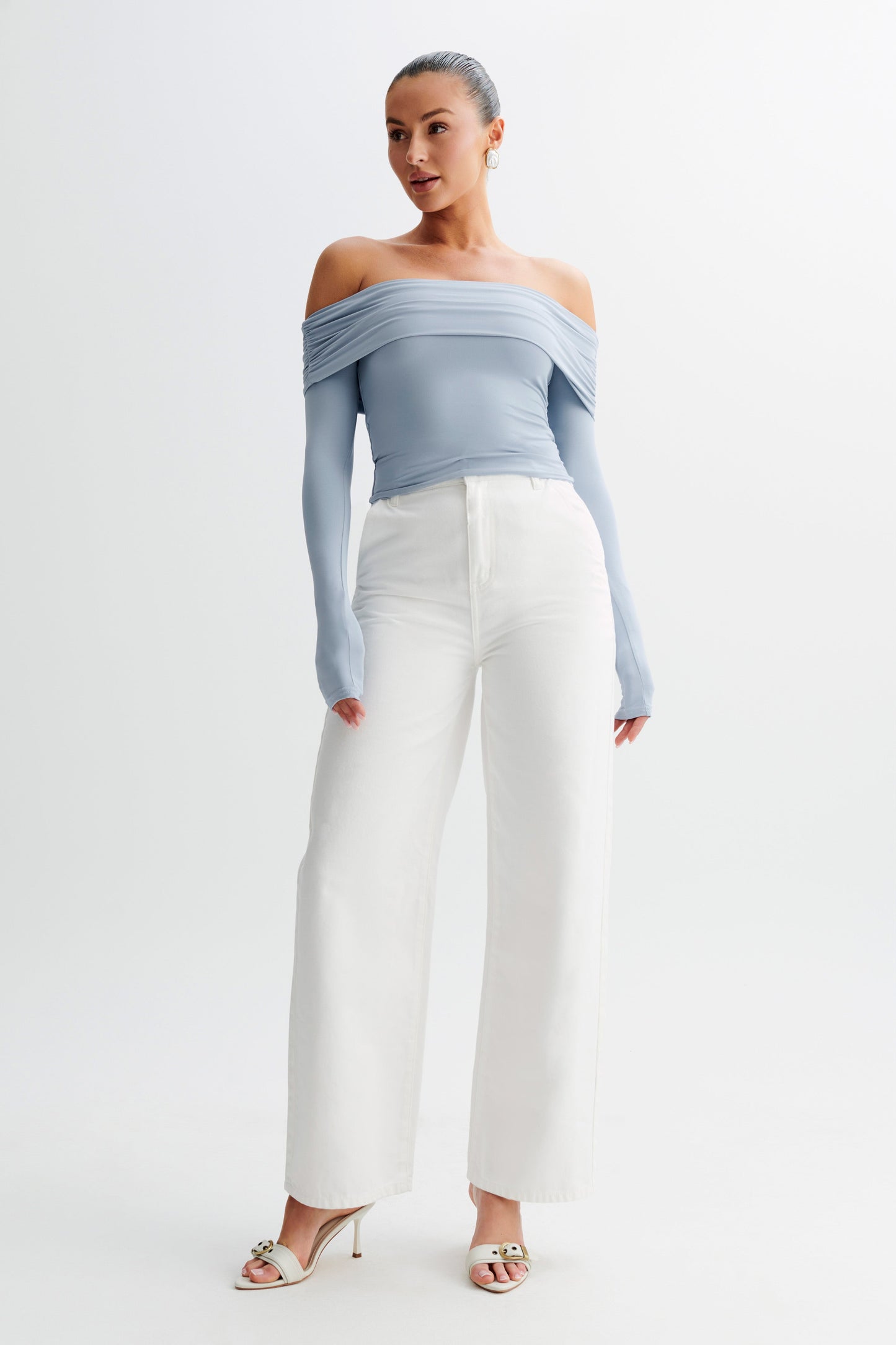 Lucinda Recycled Nylon Off Shoulder Top - Dusty Blue