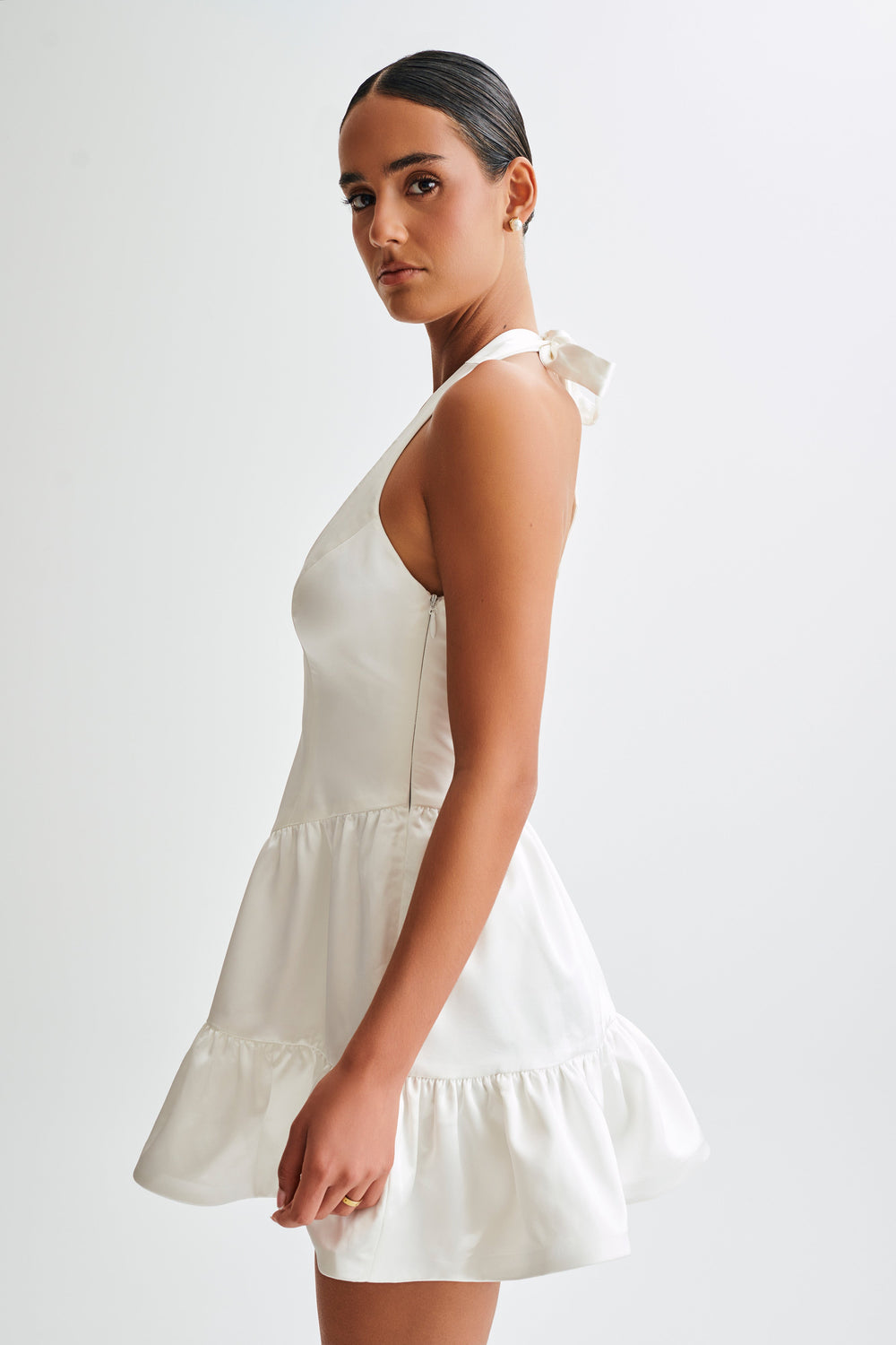 Holly Satin Structured Halter Mini Dress - White