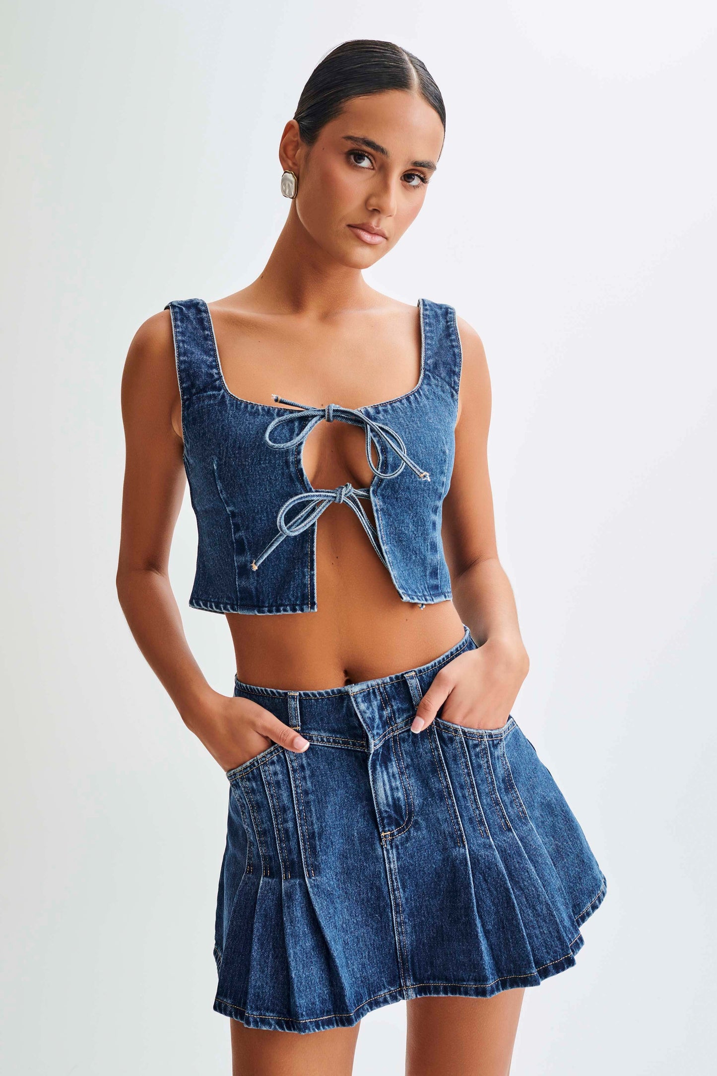 Heather Denim Tie Front Top - Dark Blue