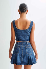 Heather Denim Tie Front Top - Dark Blue