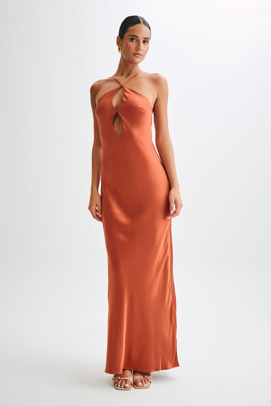 Shop Formal Dress - Lucia  Satin Cut Out Maxi Dress - Burnt Orange featured image