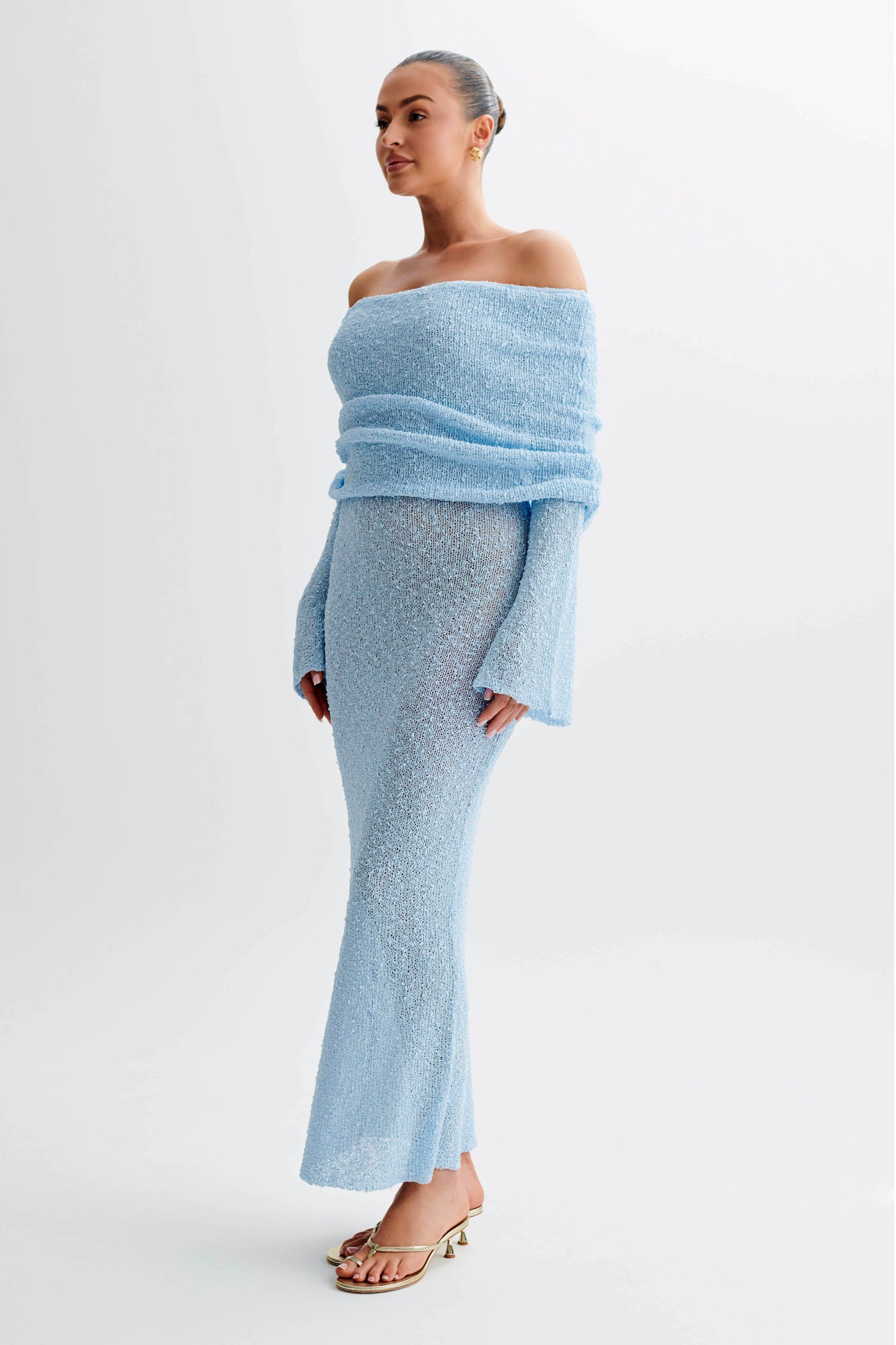 Marisol Off Shoulder Boucle Maxi Dress - Light Blue